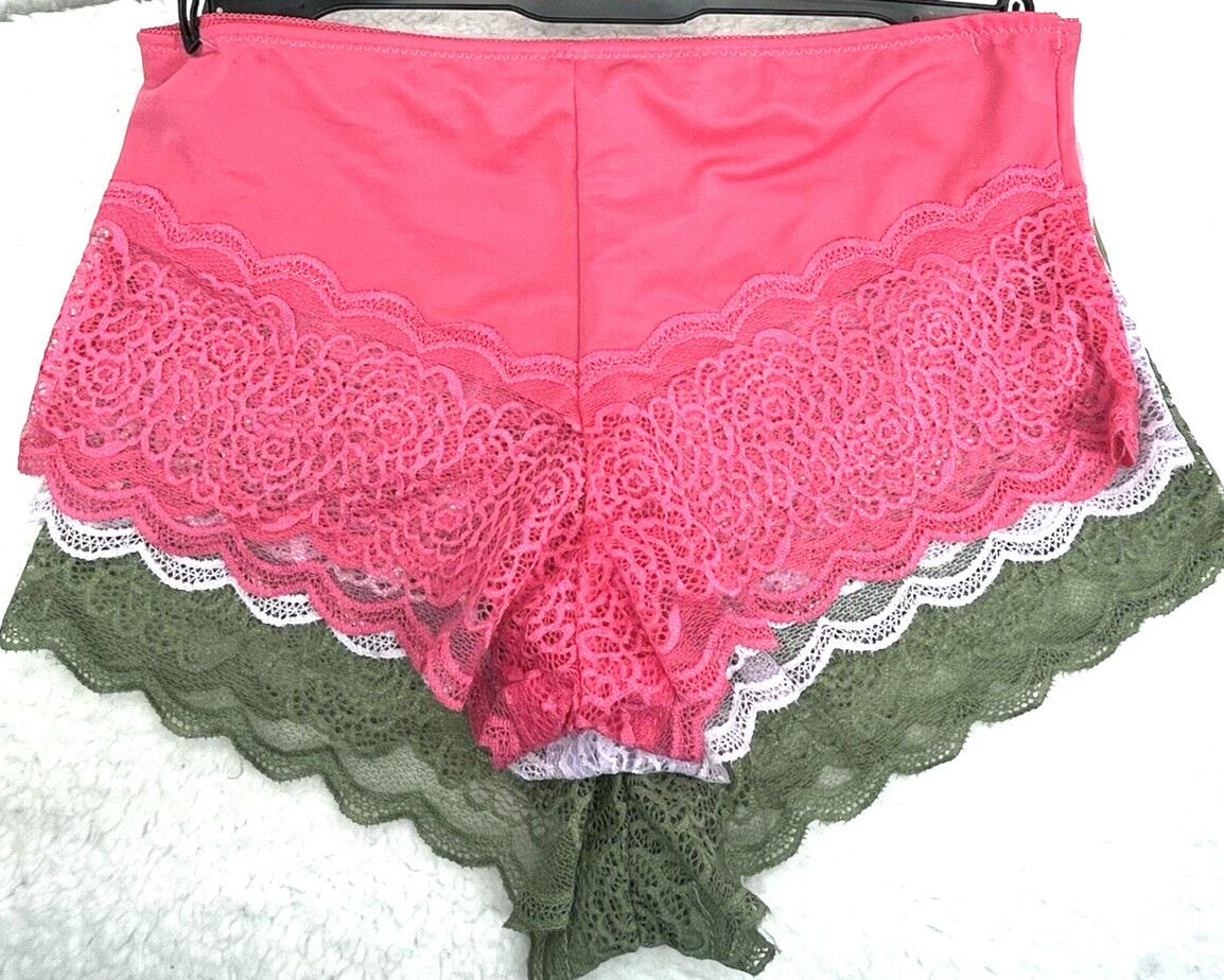 Prima Valentina Women’s Boyshort SZ 2XL 3-Pk Sexy Lace Panties Coral Olive Green