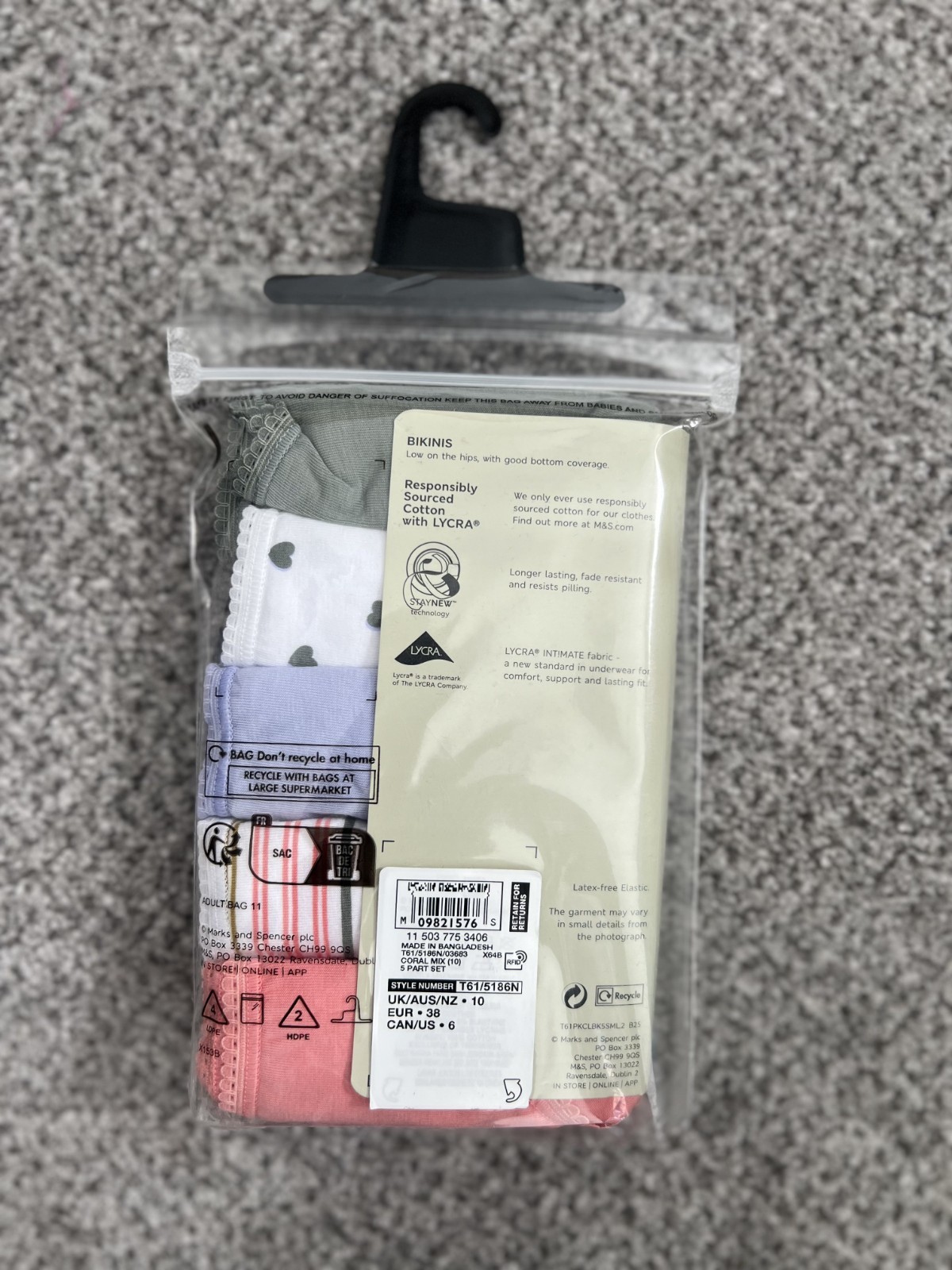 BNWT M&S Ladies Coral Mix Cotton Lycra Bikini Knickers 5 Pack Size 10