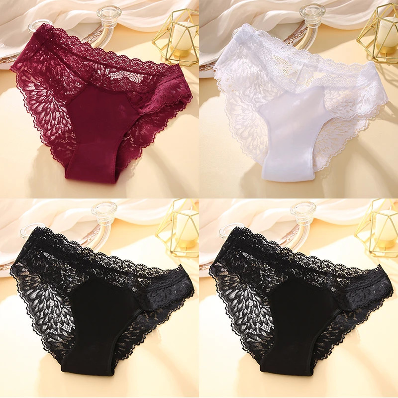 4PCS/Set Sexy Perspective Women Back Lace Panties Patchwork Cotton Underpants.
