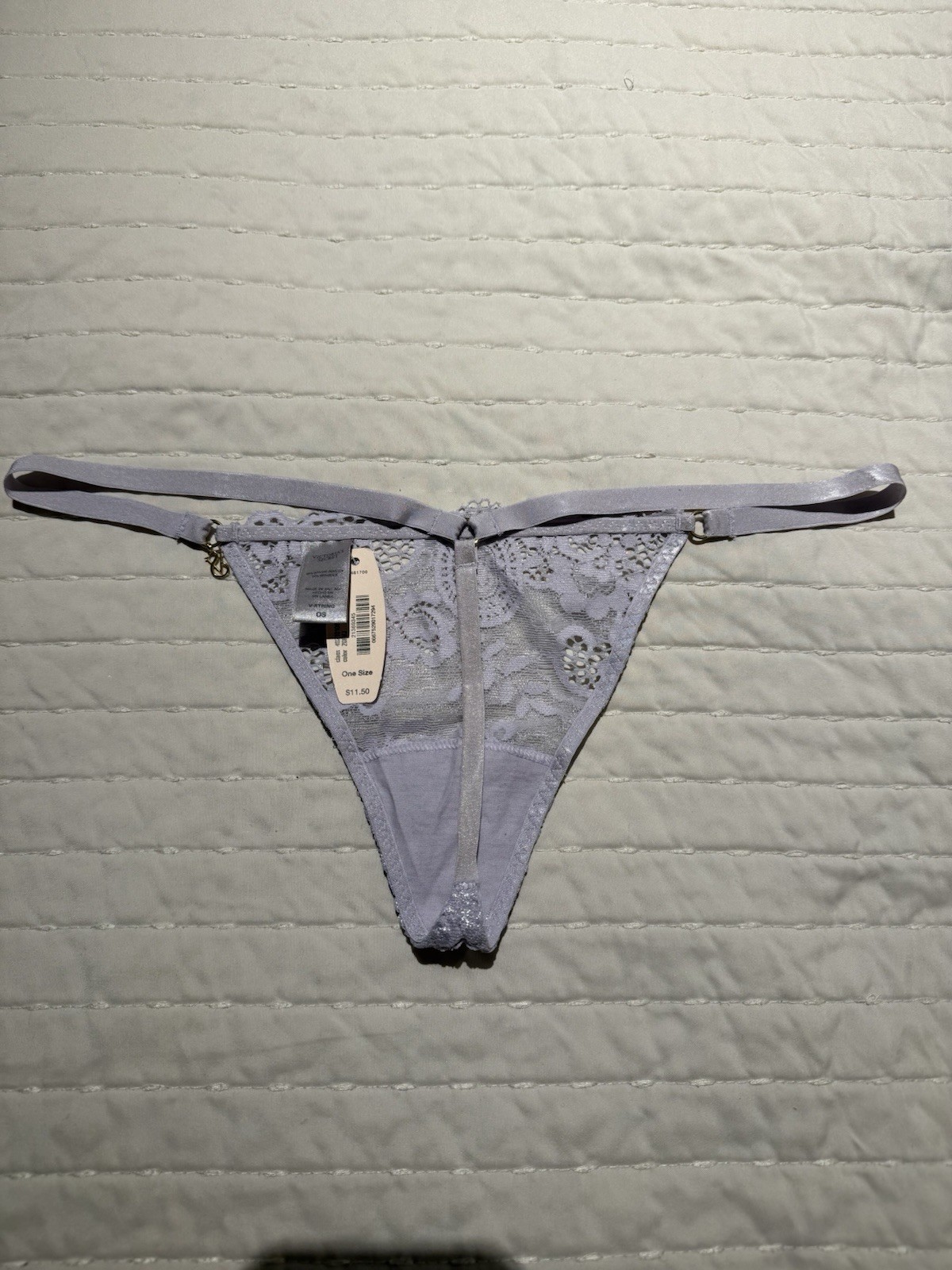 NWT VINTAGE Victoria’s Secret lace lavender/silver V-string Thong Panty OS
