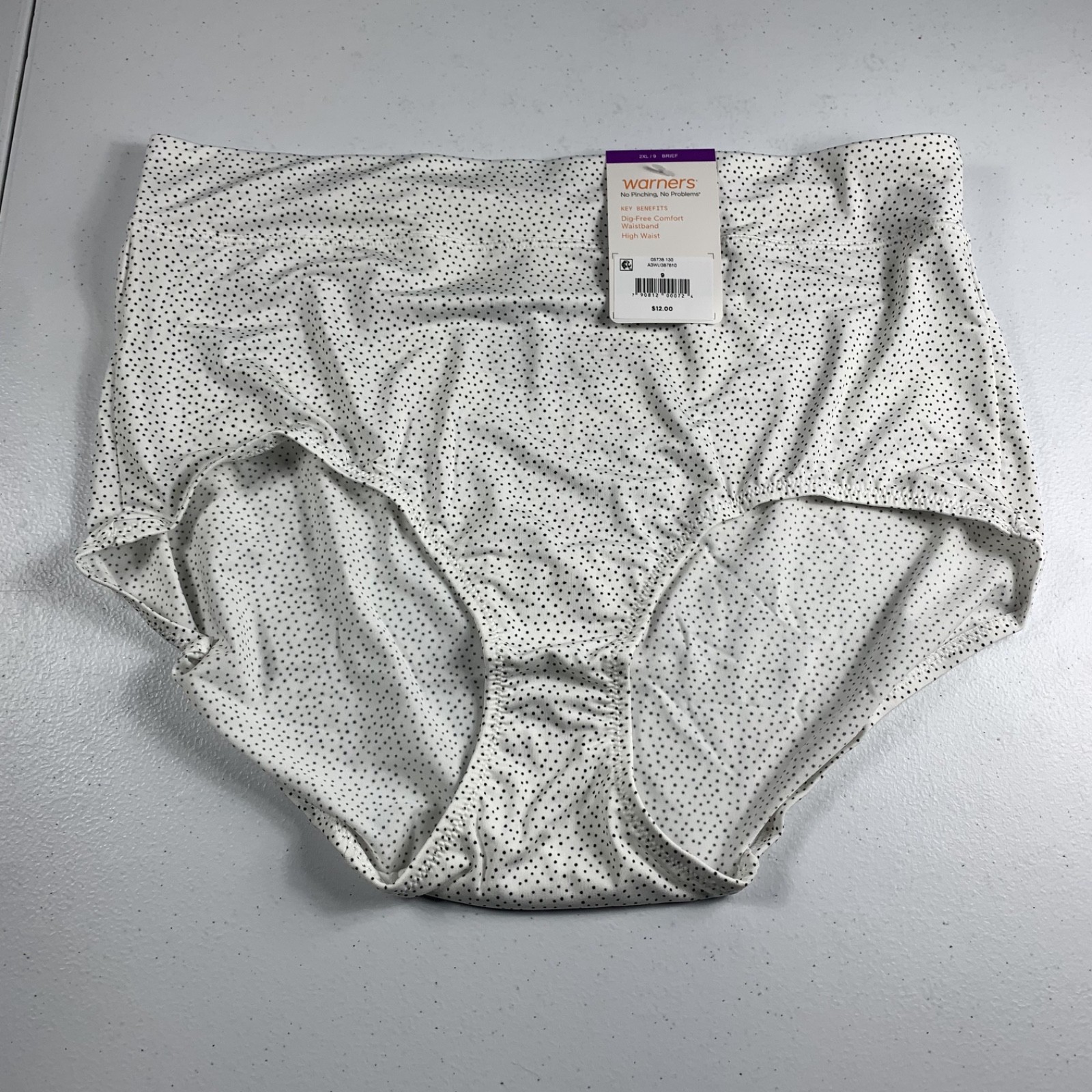 Warner’s Women’s No Pinch Brief Underwear 2XL White Dotted High Waist Panty NWT