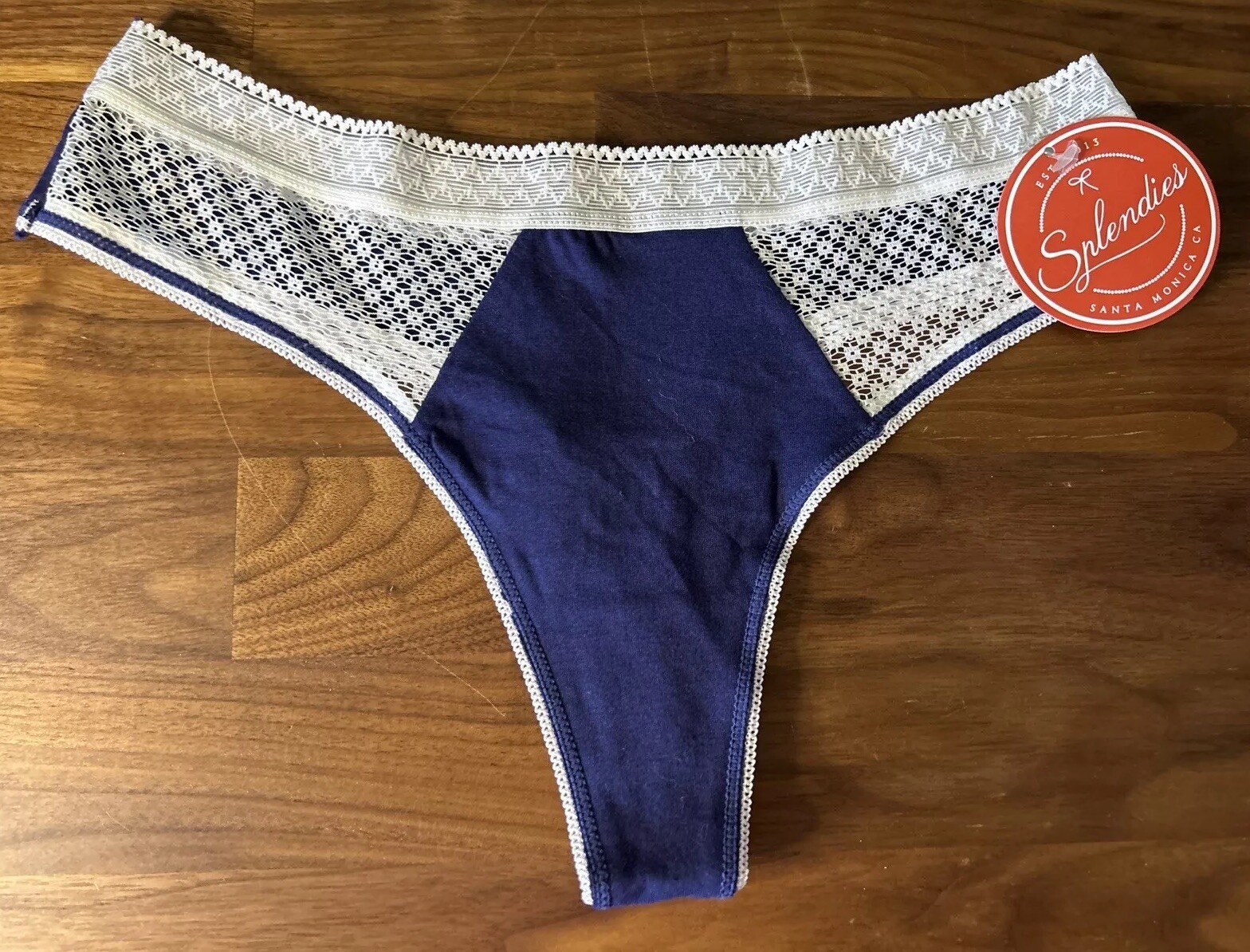 Splendies Womens Thong Panties Blue Lace Cotton M New With Tags