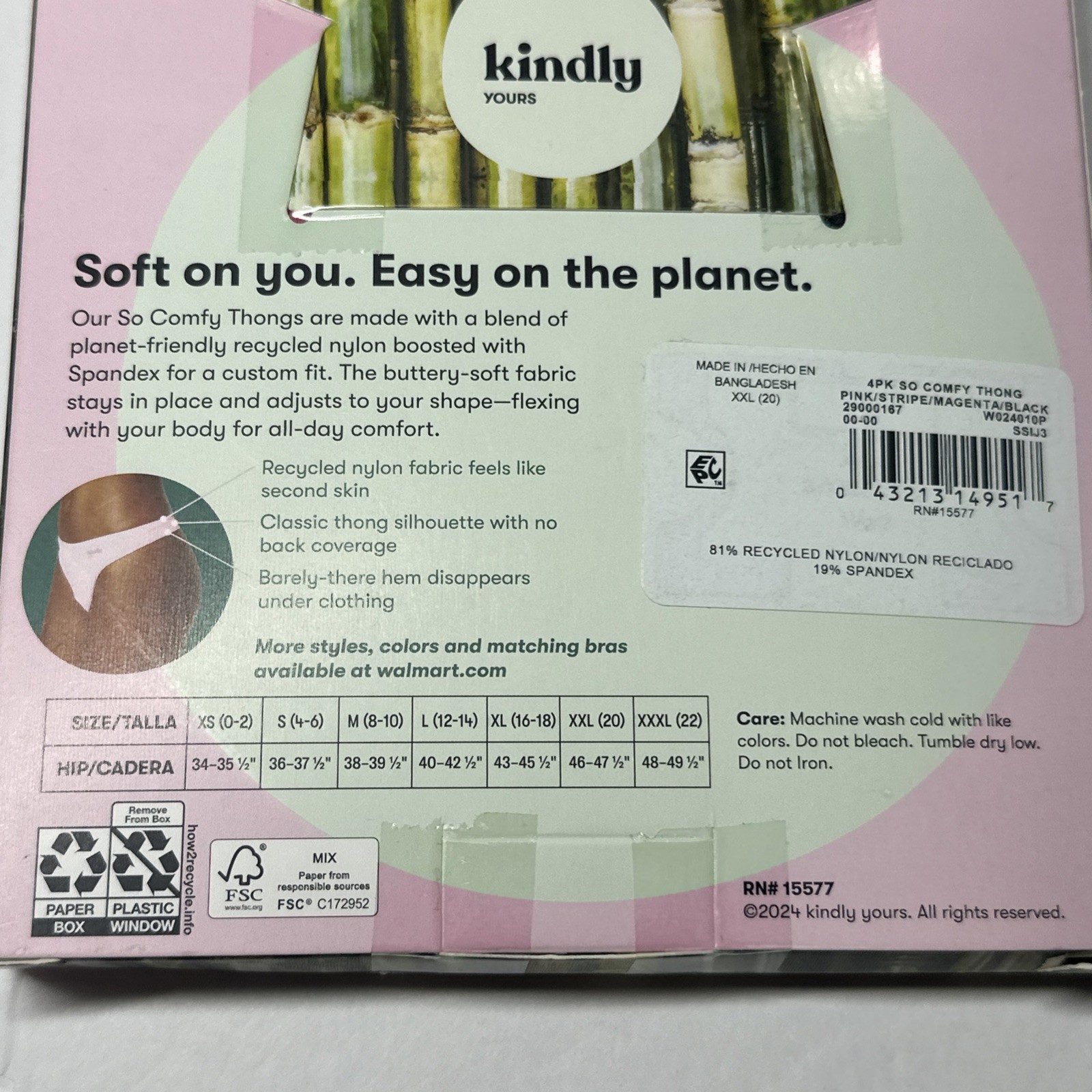Kindly Yours So Comfy Thong Underwear 4-Pack XXL (20)Pink,Magenta,Stripe,Black