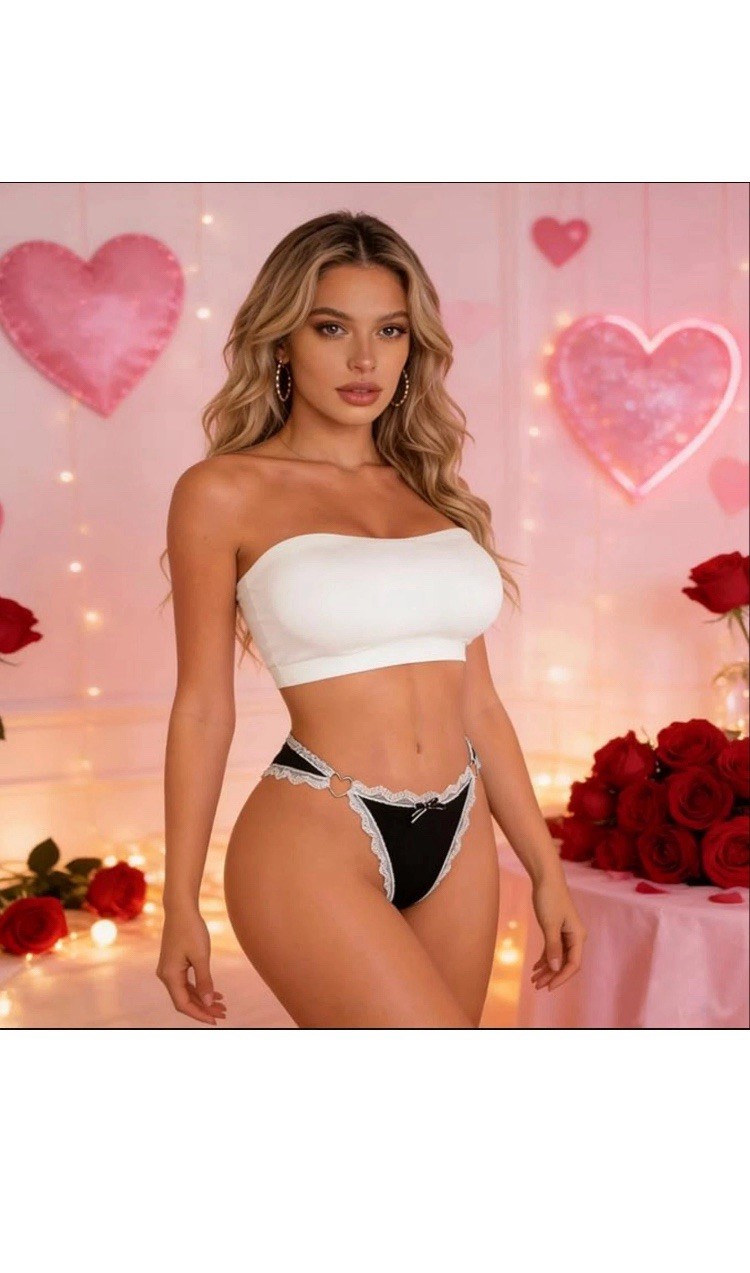 Women’s Cotton Thong/String Panties Solid Lace Trim w/ Bow Accent Black/White