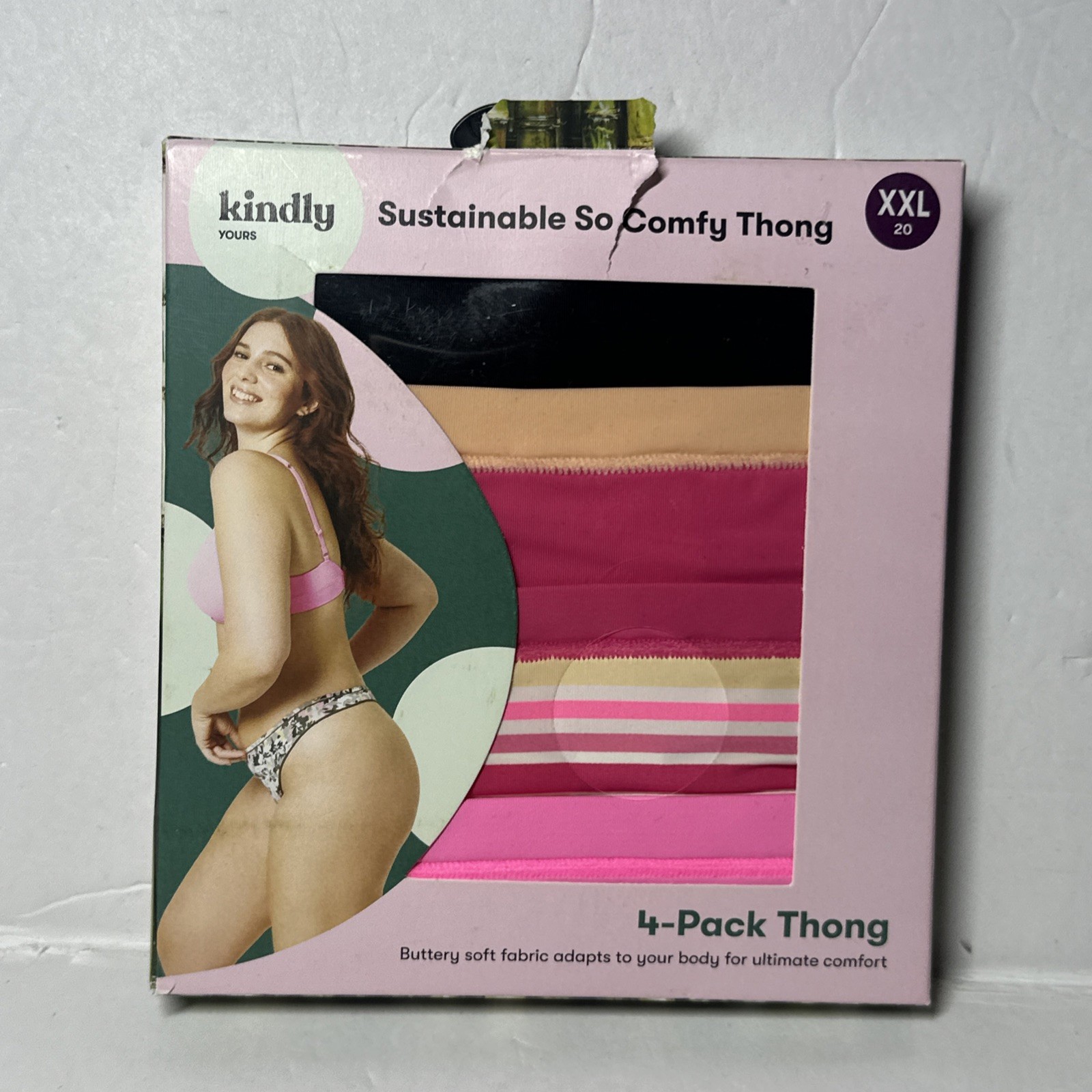 Kindly Yours So Comfy Thong Underwear 4-Pack XXL (20)Pink,Magenta,Stripe,Black