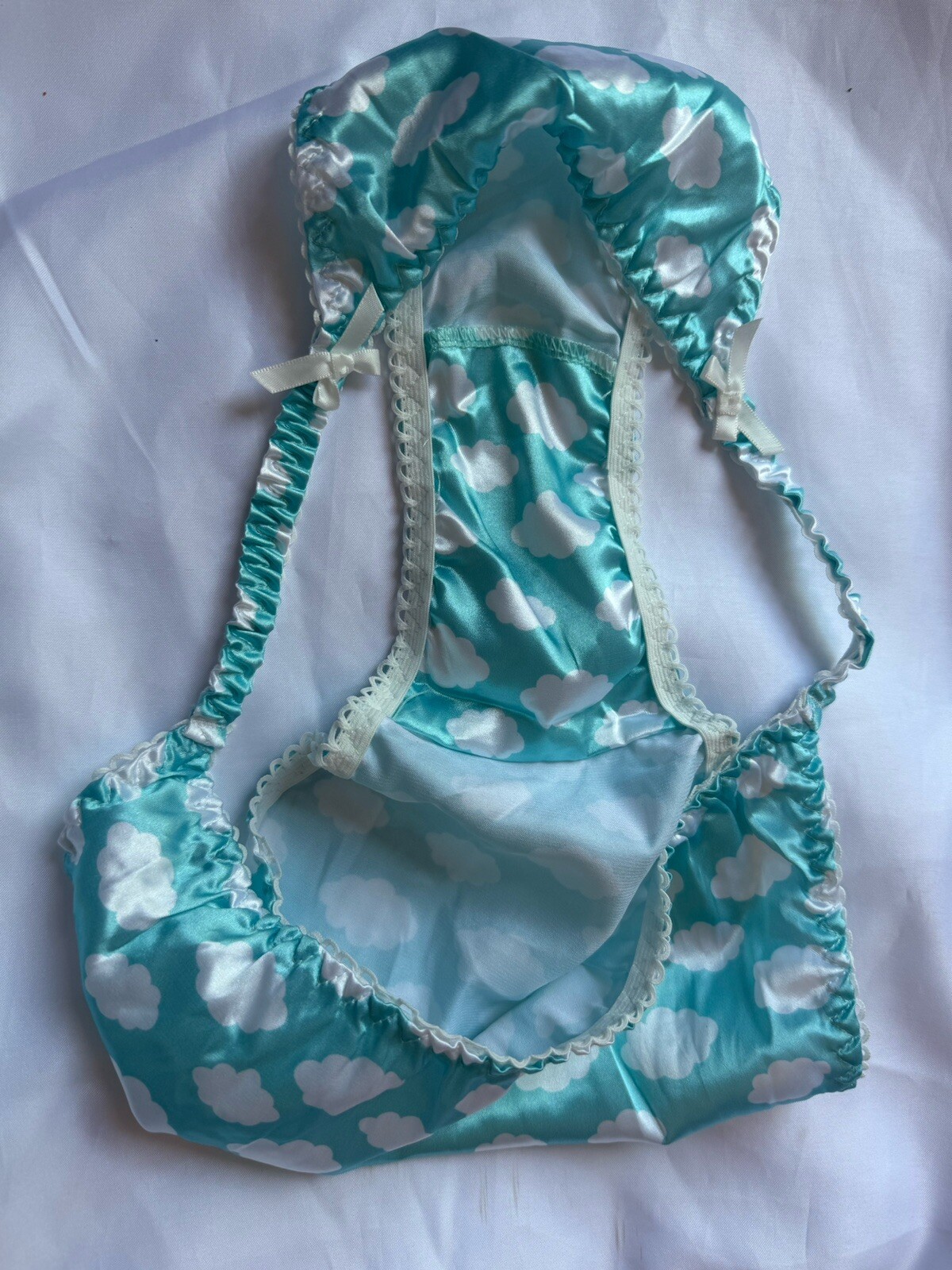 NWOT Sz L Handmade Shiny Blue Cloud Silky Satin String Bikini Panties