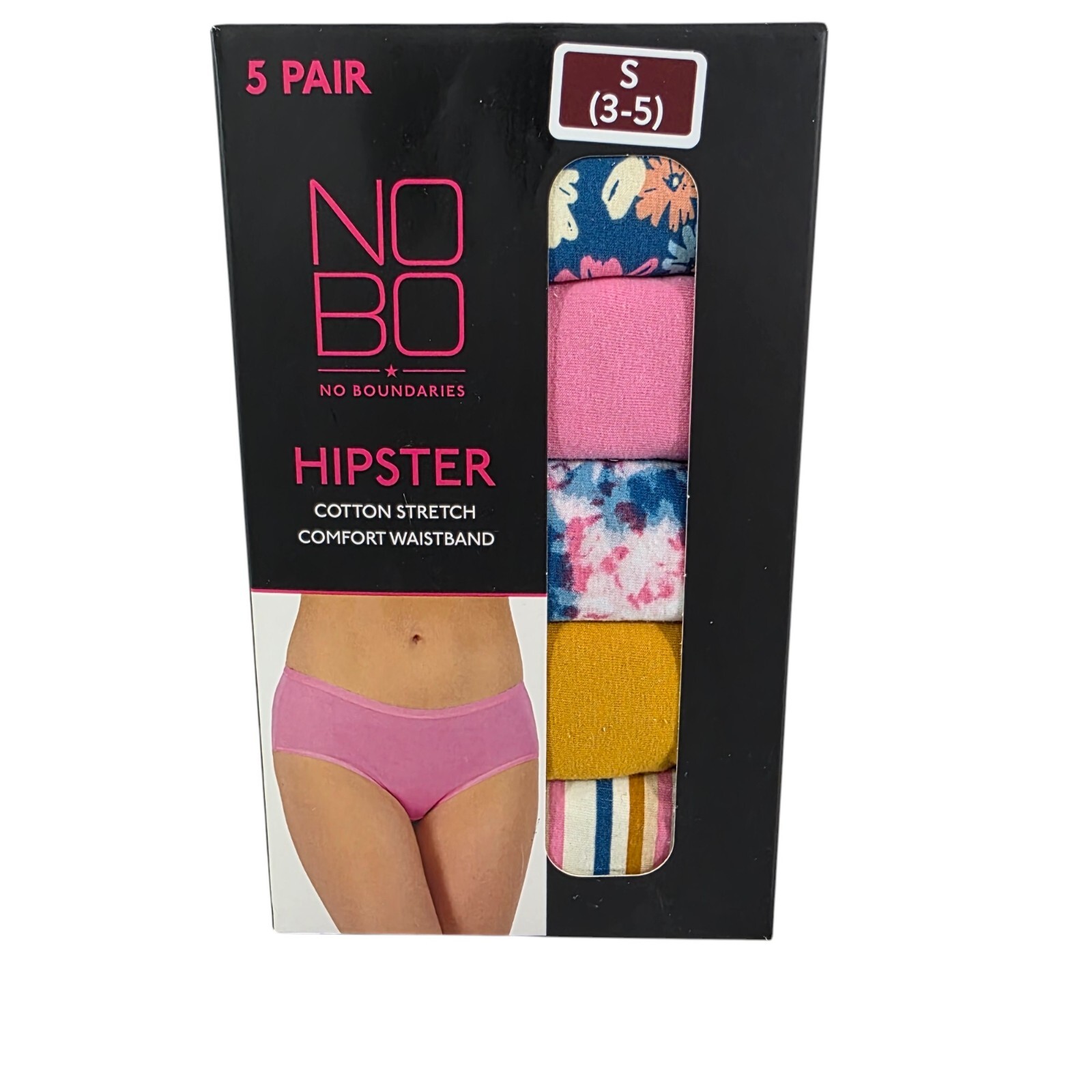 No Boundaries 5-Pack Cotton Stretch Comfort Waistband Hipster Panties – Small