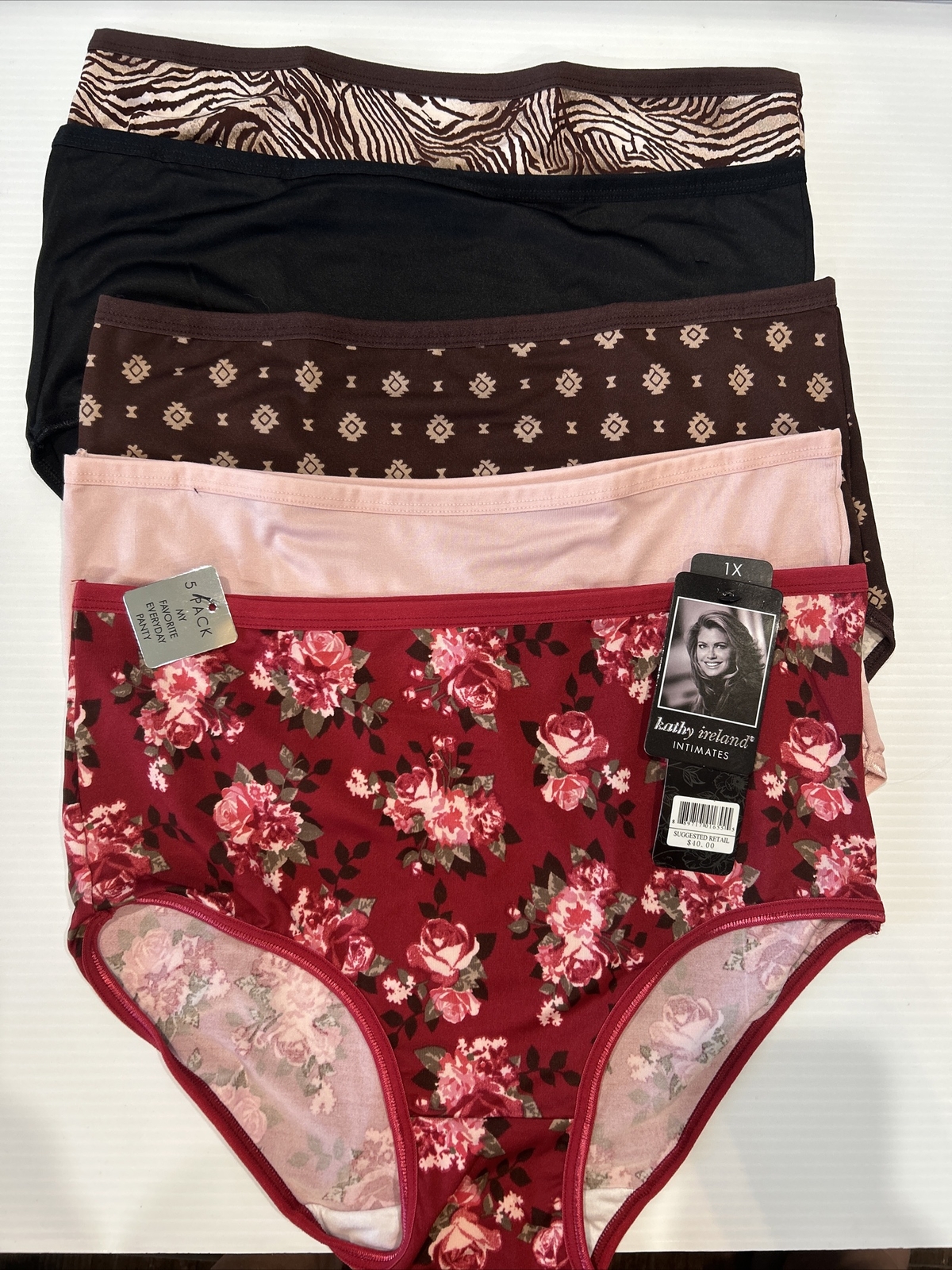 5 Pair Kathy Ireland Intimates Plus Size Underwear Print & Solid Rose Briefs 1X