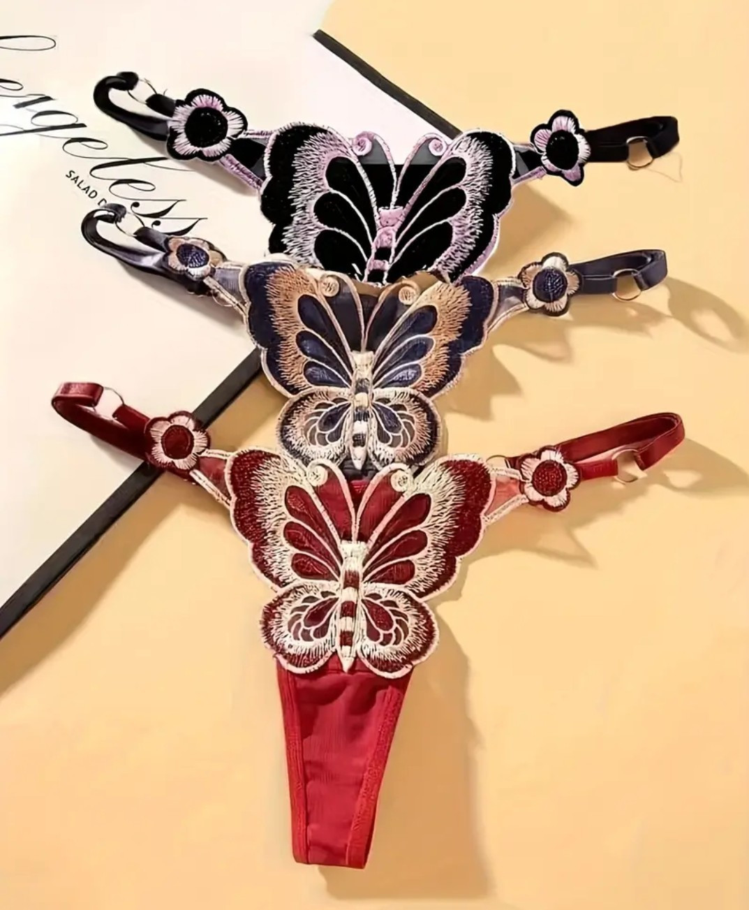 3pcs Sexy Butterfly Embroidered Thongs Low Rise, Adjustable BNWT 8 upto a 14 siz