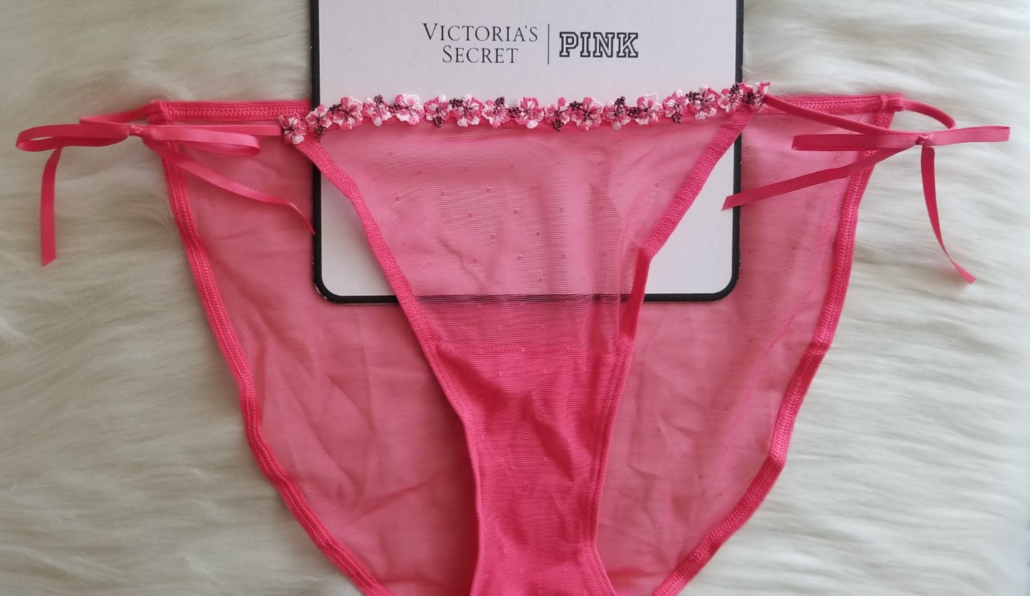 VICTORIA’S SECRET PINK WINK STRING BIKINI PANTY HIBISCUS EMBROIDERY LARGE PINK