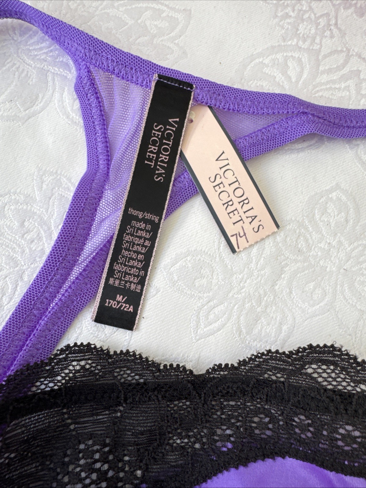VICTORIA’S SECRETPURPLE SILKY STRAPPY STRING THONG PANTIES LACE TRIM NWT