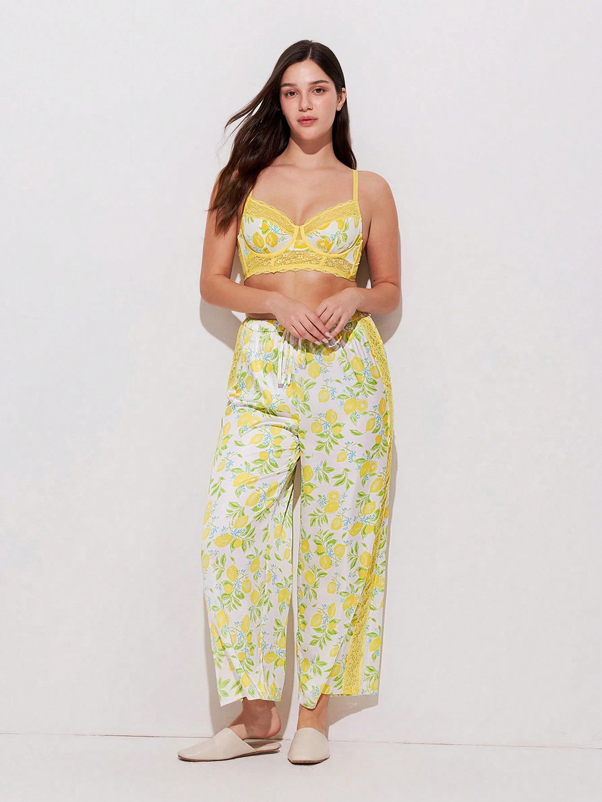 Ladies comfortable pyjamas in summery yellow with lemon pattern cheap 24