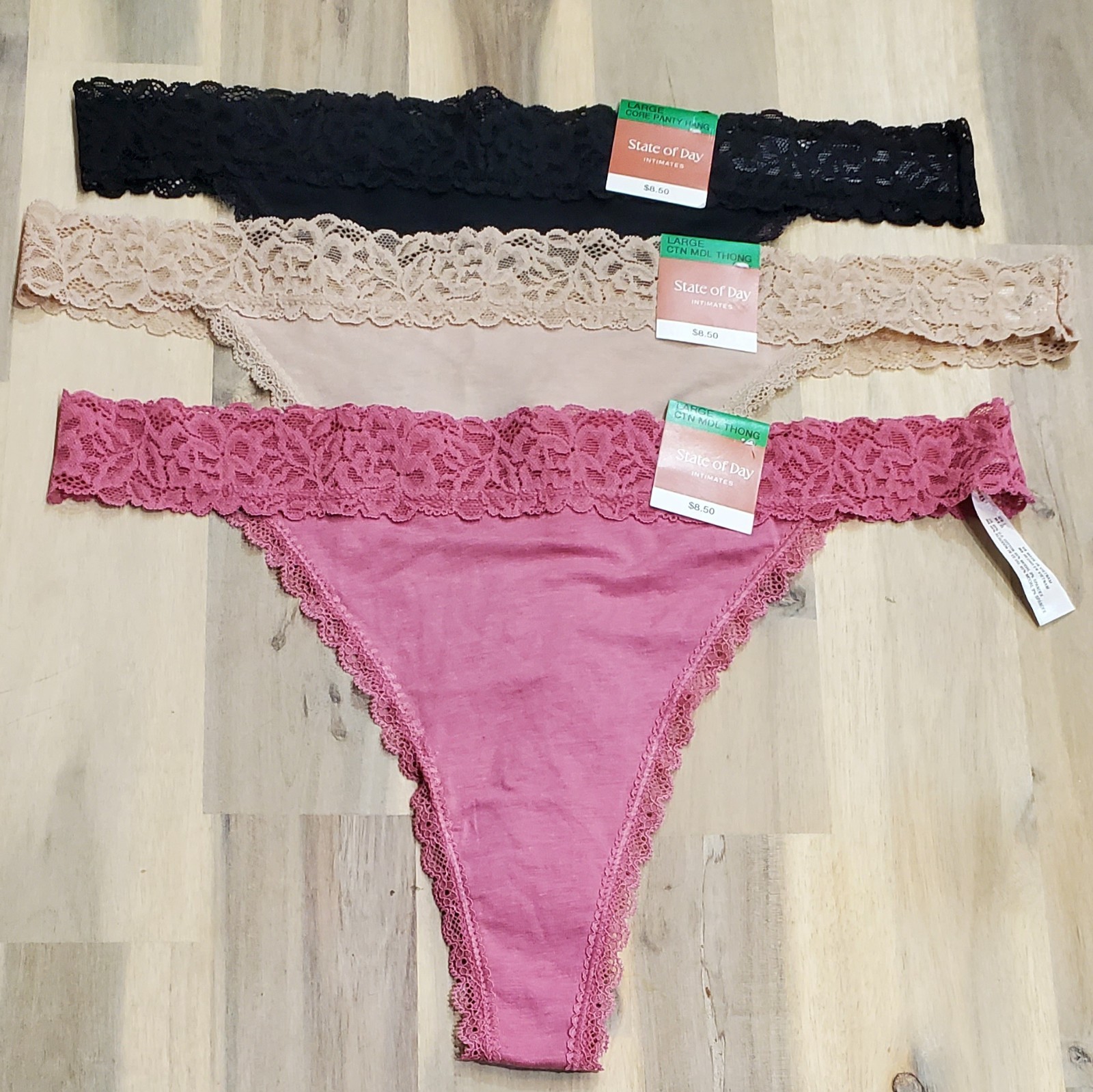 State of Day Women’s Cotton Blend Lace-Trim Thong Underwear Lot of 3- Large