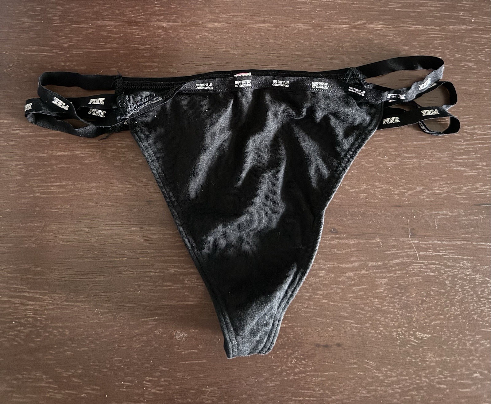 Victoria’s Secret Women’s Thong Panties, Black With Logo Hip Straps, Size Large