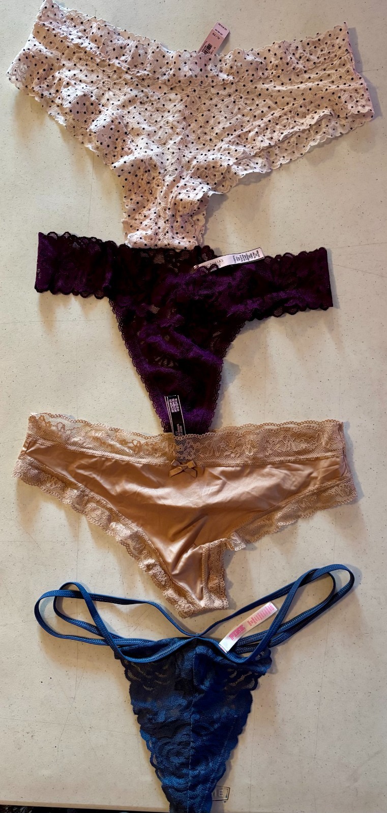 4 Pairs Victoria’s Secret Assorted Lace XL Thongs w/&w/o Tags NEW