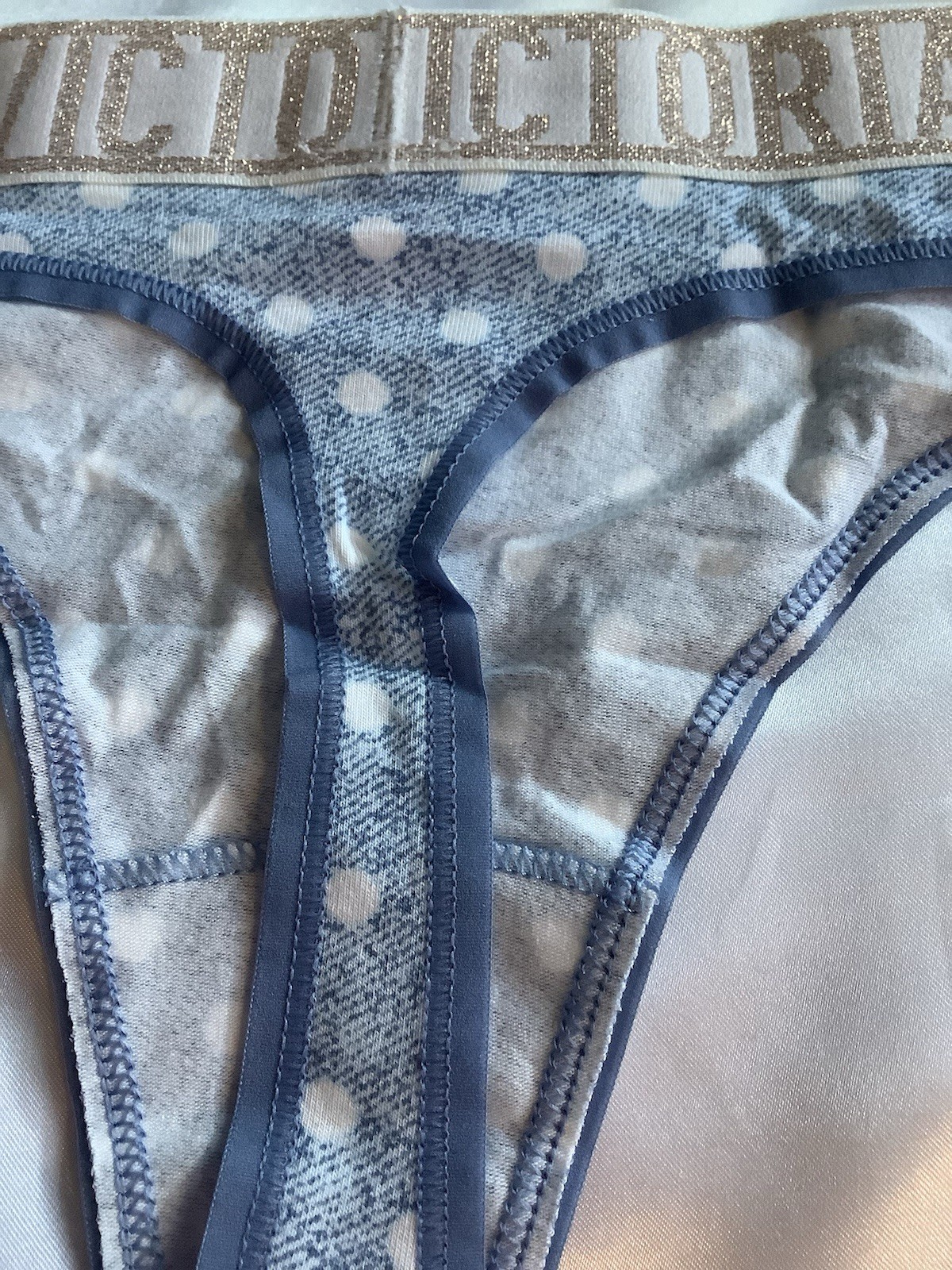 Victoria’s Secret PINK Women’s Thong Panties Blue Polka Dot Gold Glitter 1pk L
