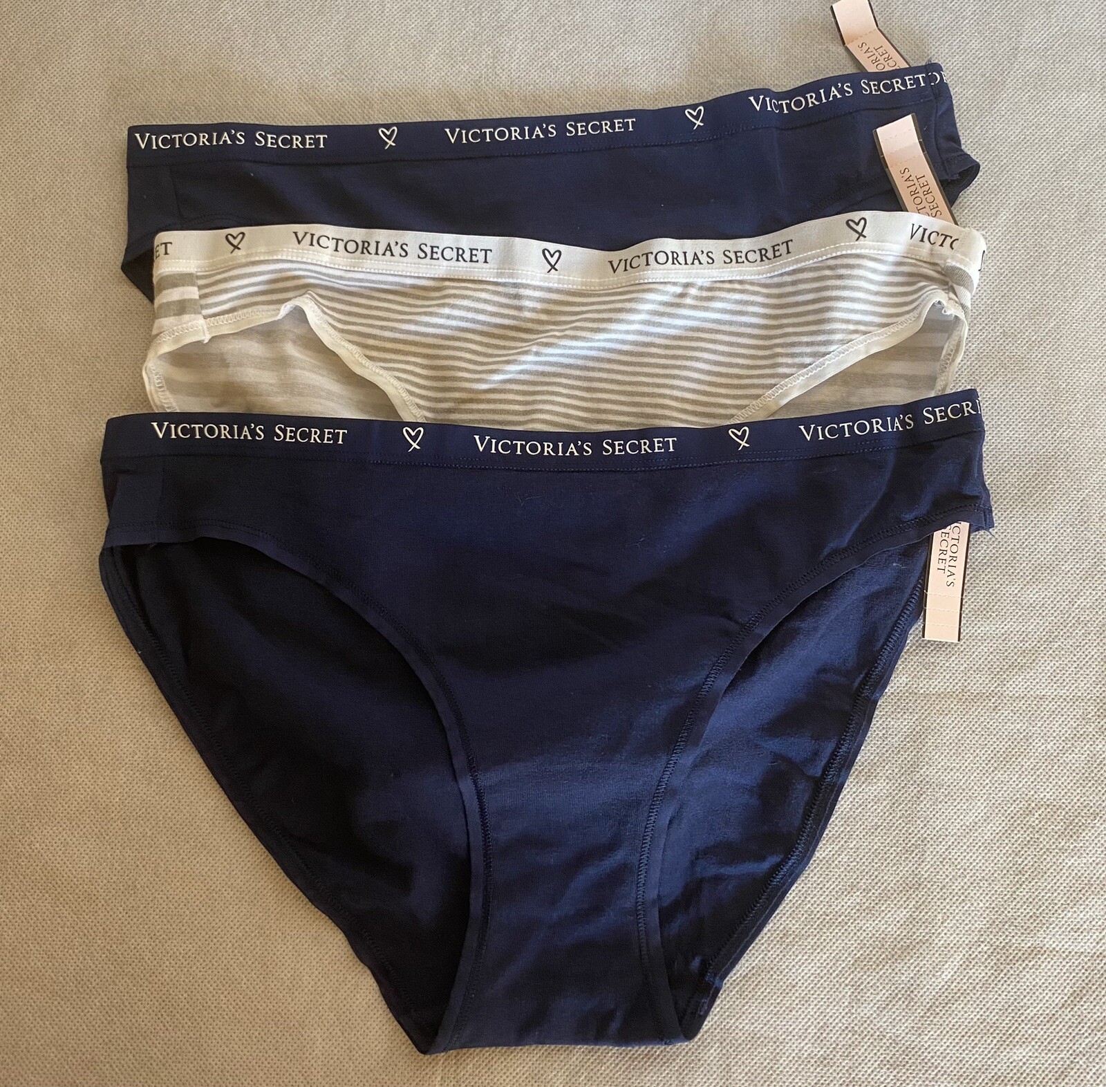 VICTORIA’S SECRET Size M 2019 3pk Bikini Striped & Solid Logo Band Panties
