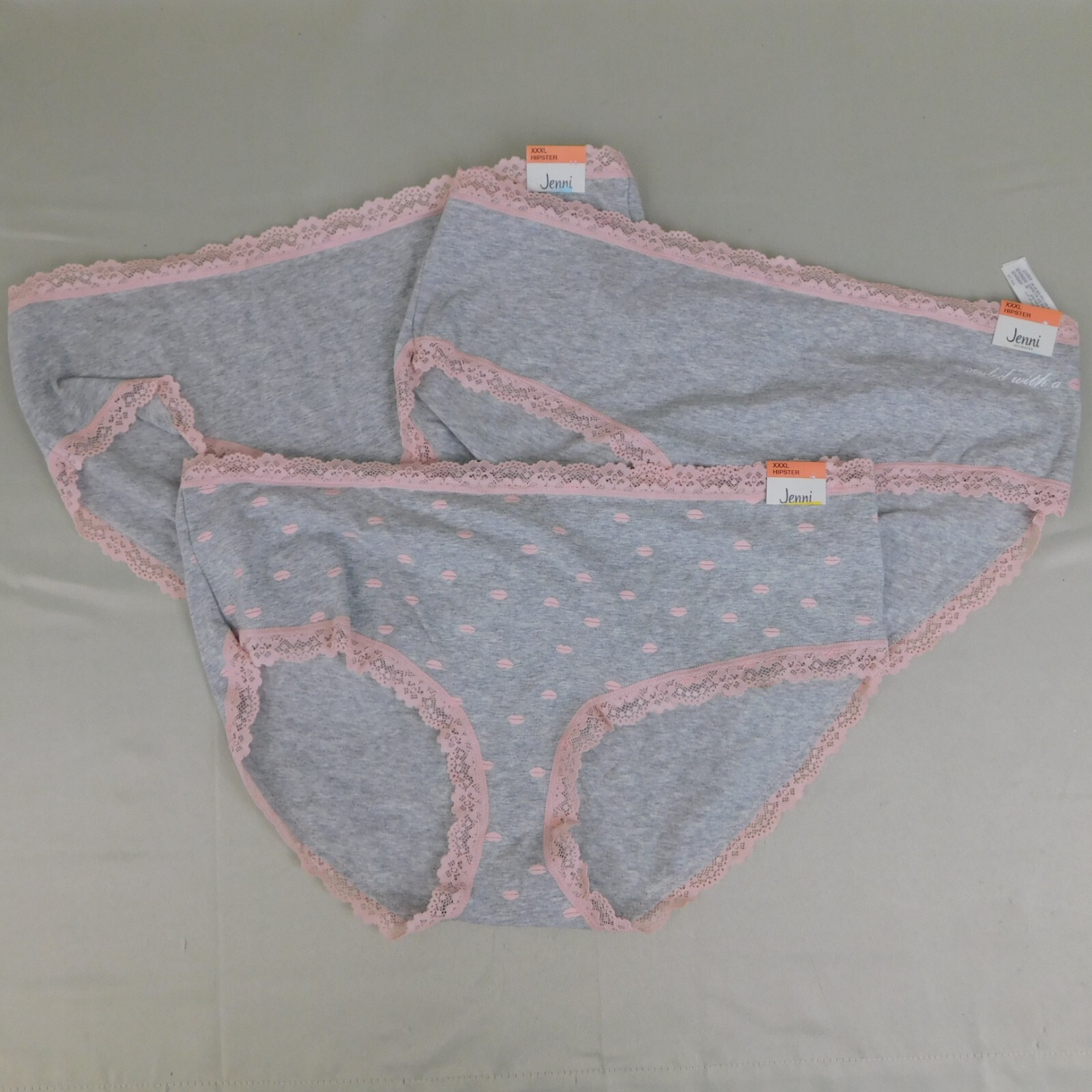 3pc Lot Jenni Women’s Lace Trim Stretch Cotton Hipster Panties Size 10, 3XL