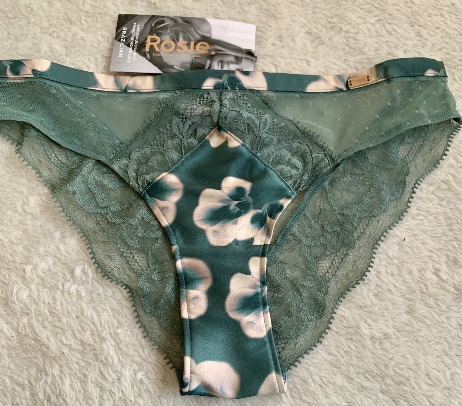 BNWT Marks & Spencer Rosie Brazilian Knickers Size 10 in Sage Mix with Silk