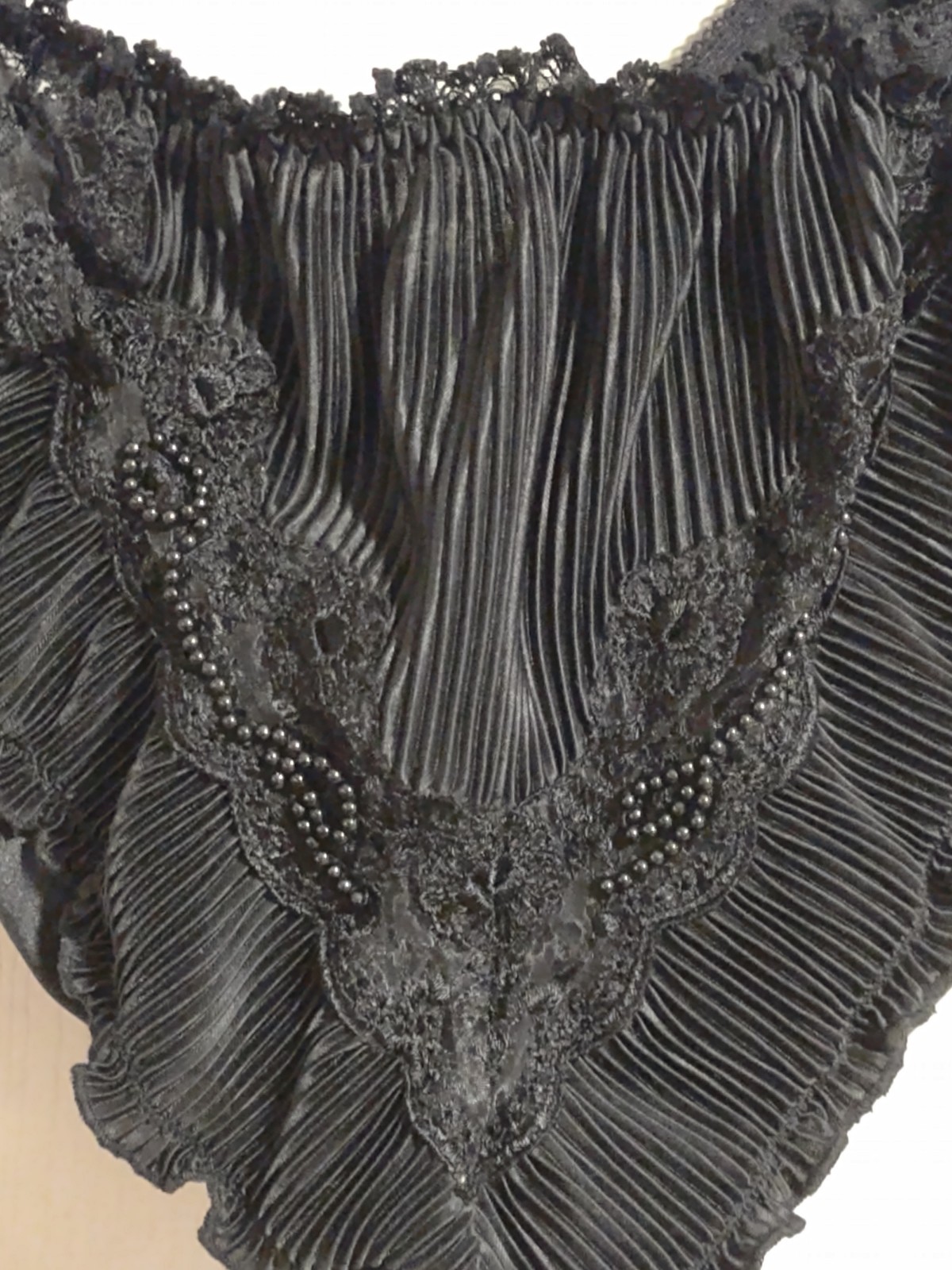 Vtg Victoria’s Secret Silky Black Ruched Beaded Bikini Panty L/7 Gold Label