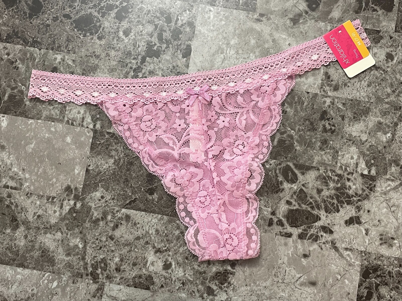 NWT XHILARATION M LILAC LAVENDER VIOLET FLORAL LACE BOW CHEEKY THONG PANTIES