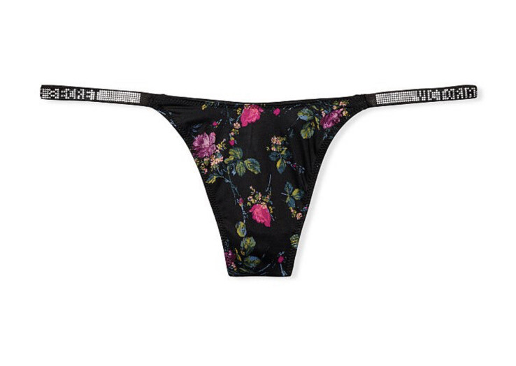 Victoria’s Secret Bombshell Skinny Shine Strap V-String Panty Sz L Floral Black