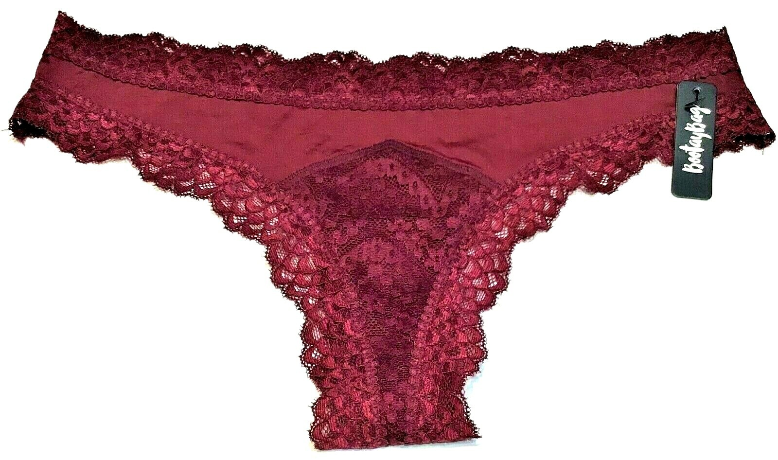 medium – NWT $12 BootayBag thong panties burgundy lace and black Auden (c28)