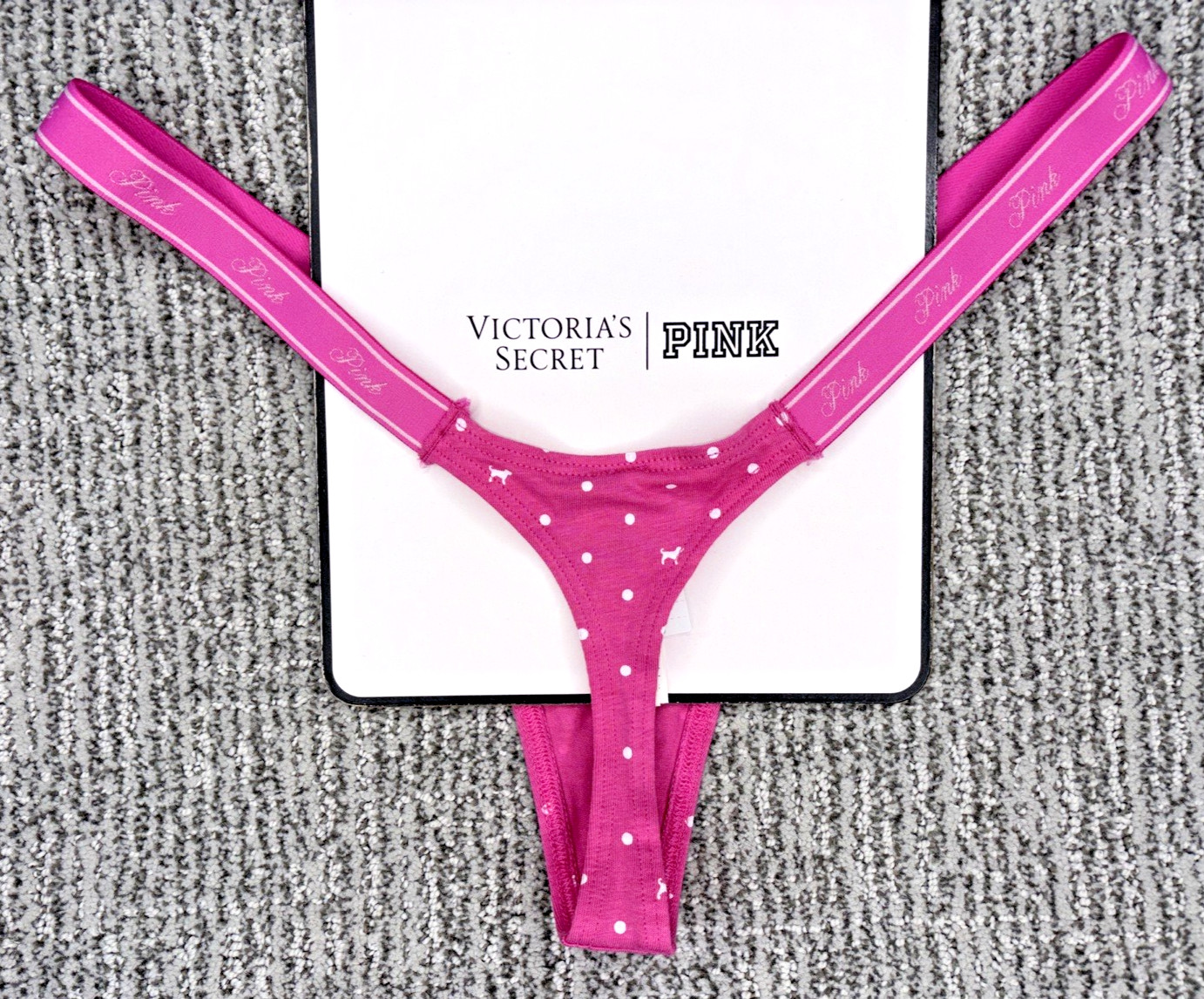 Victoria’s Secret PINK NWT Medium Pink Polka Dot Micro Thong Panty Spellout Sexy