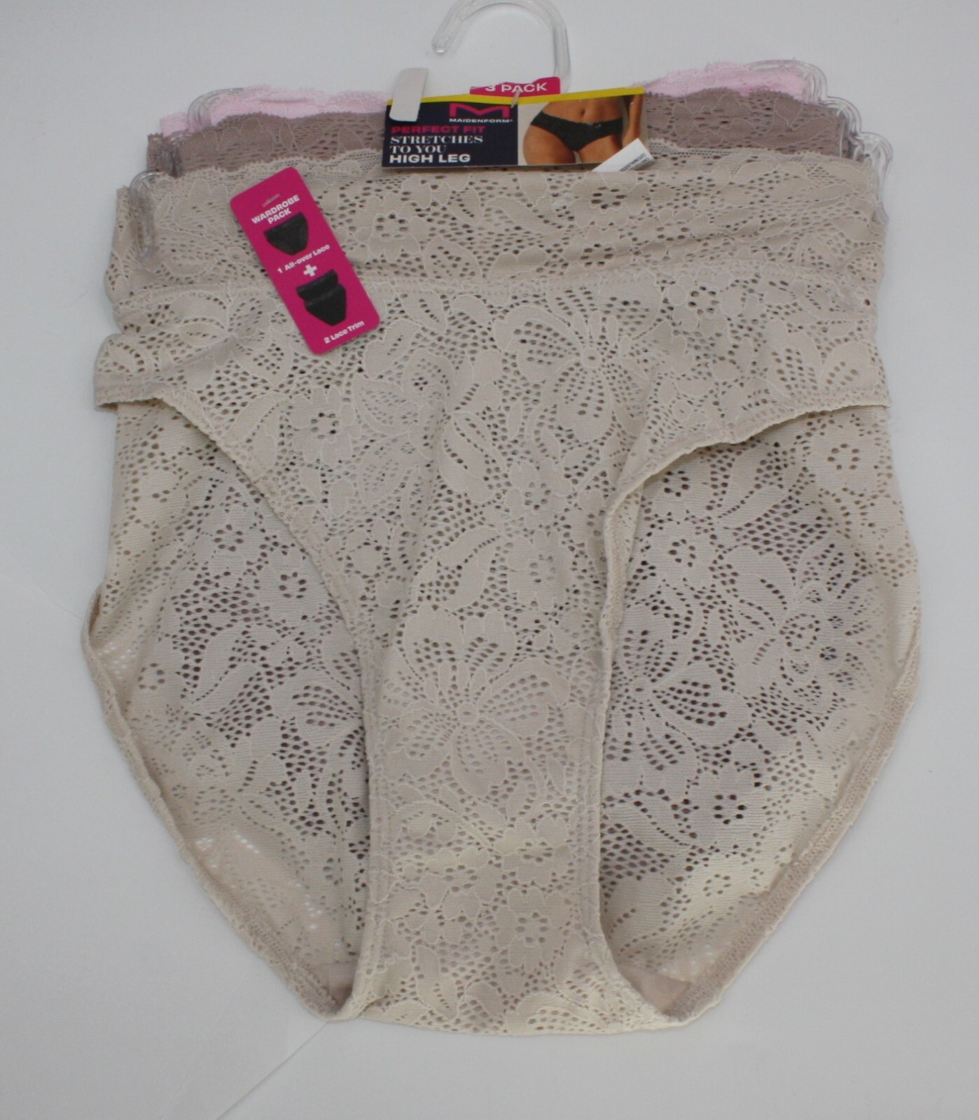 NWT set of 3 MAIDENFORM perfect fit HIGH LEG panties LACE BEIGE MOCHA PINK