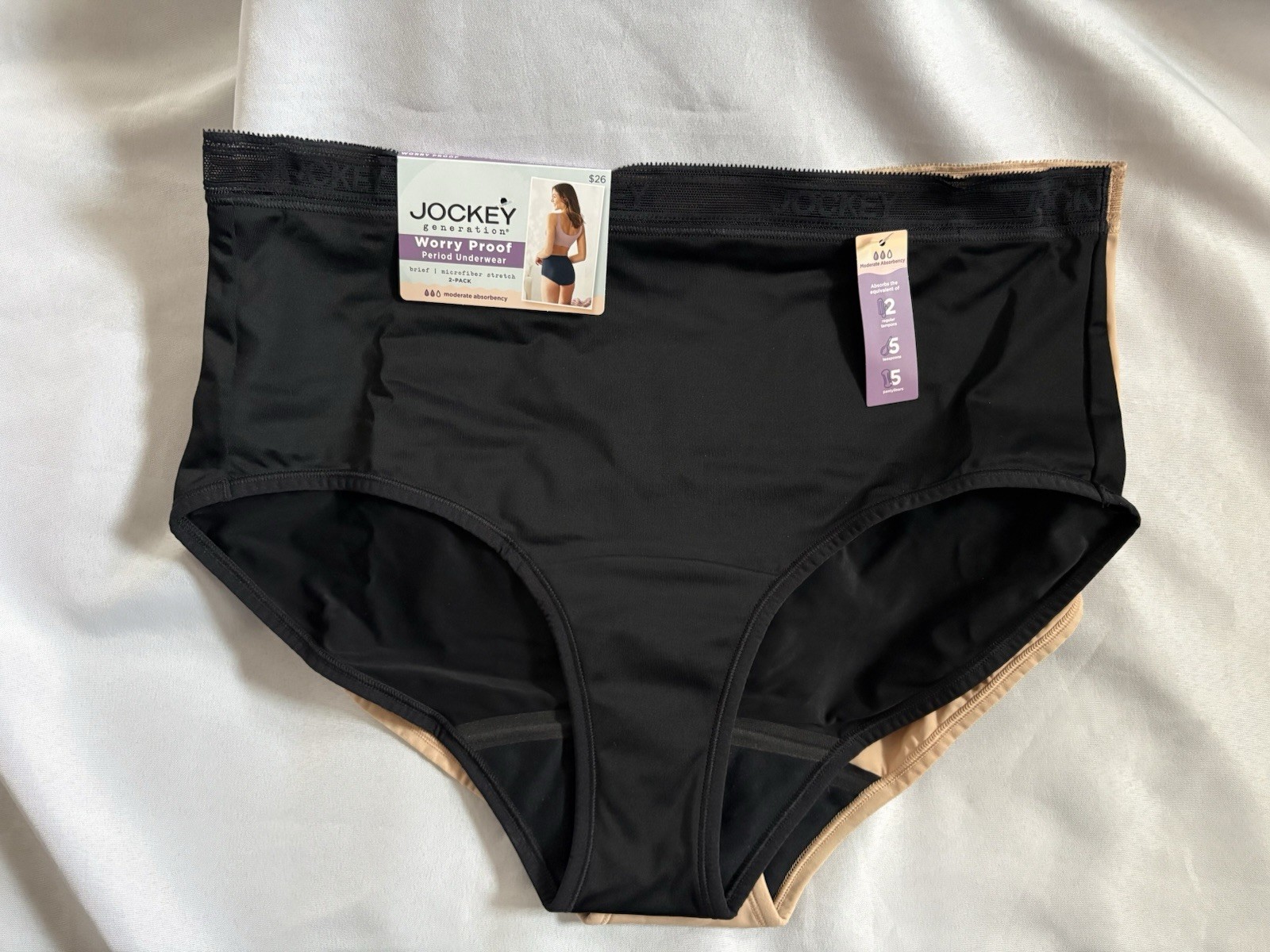 NEW Jockey Worry Proof Period Underwear Brief Panty 1 Black 1 Tan Size XXLarge