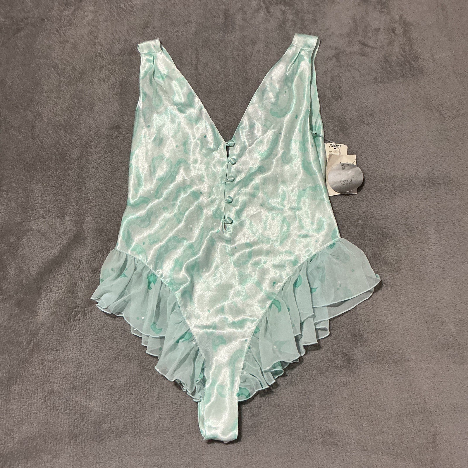 80s Vintage Blue Watercolor Teddy Bodysuit Romper Lace Fairy Coquette M