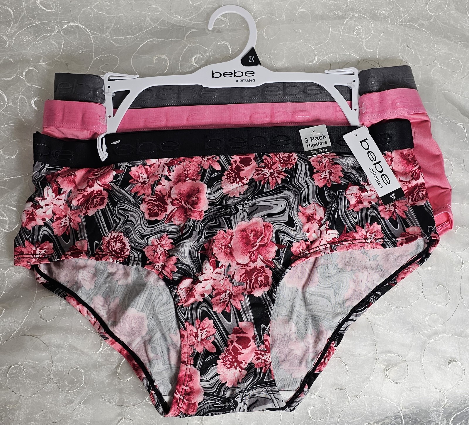 bebe 3 Pack Microfiber Hipster Panties 2X Solid Pink, Gray & Floral SHIPS FREE!