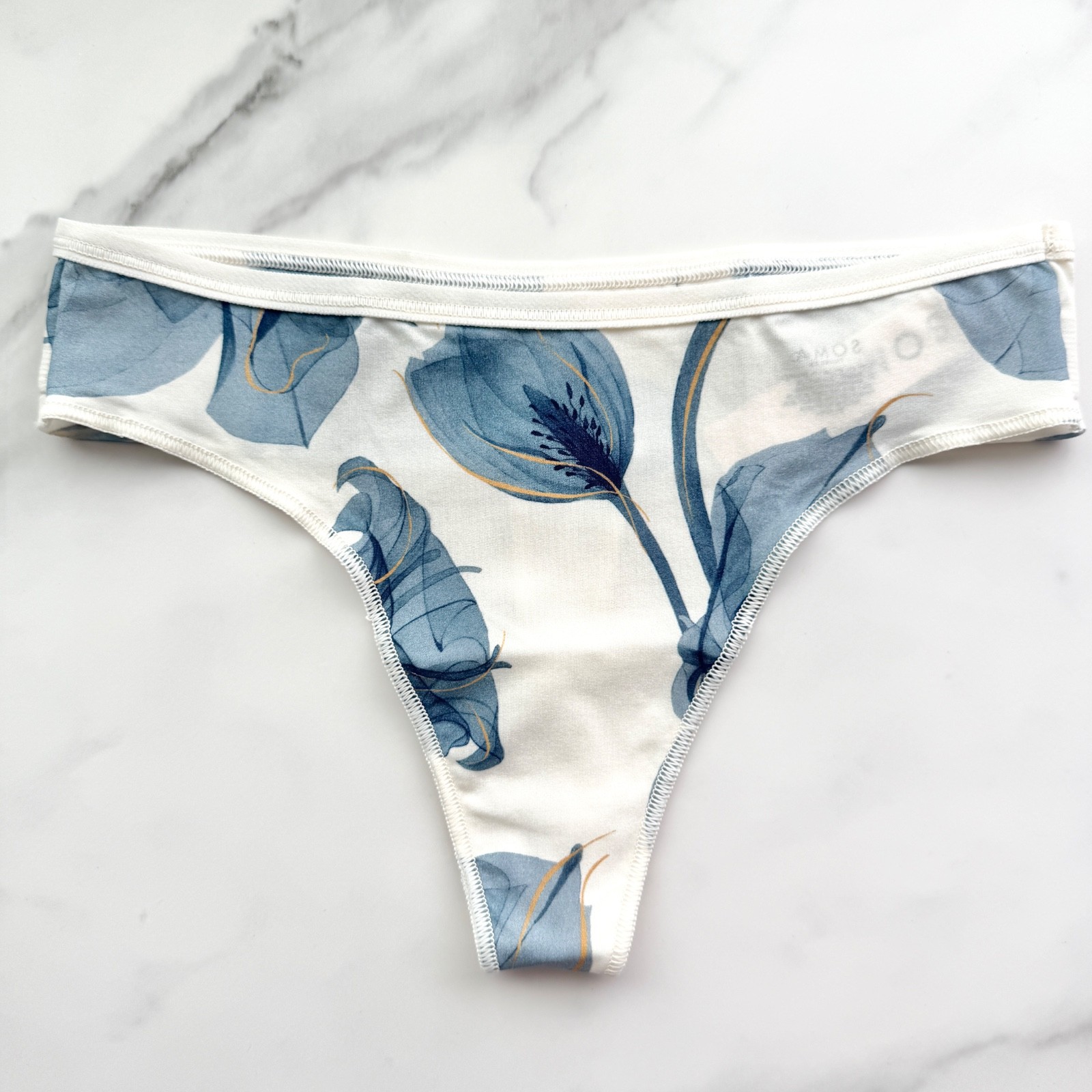 Soma Vanishing Edge Microfiber Thong Panty Chiffon Floral M CHP Navy