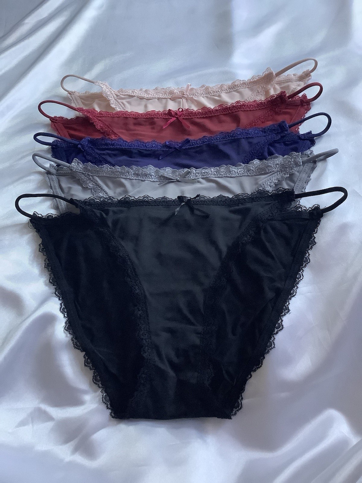Women’s Bikini Briefs Stretch Lace Rim Elastic Waist Bow Red Navy Black 5Pk XXL