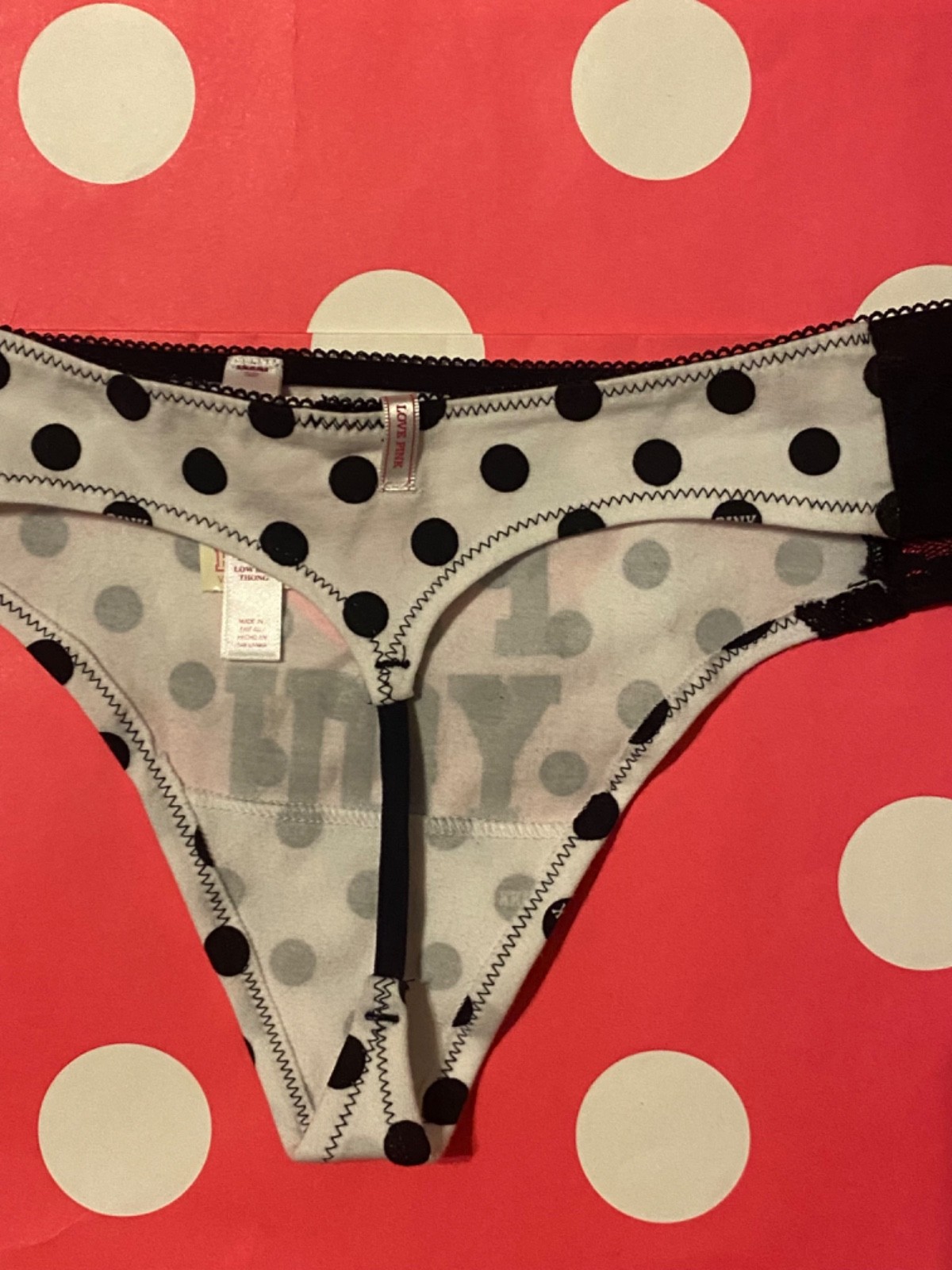 Victoria’s Secret Pink 2011 Y2K I Love You Lace Side Thong dot L Panty Vtg