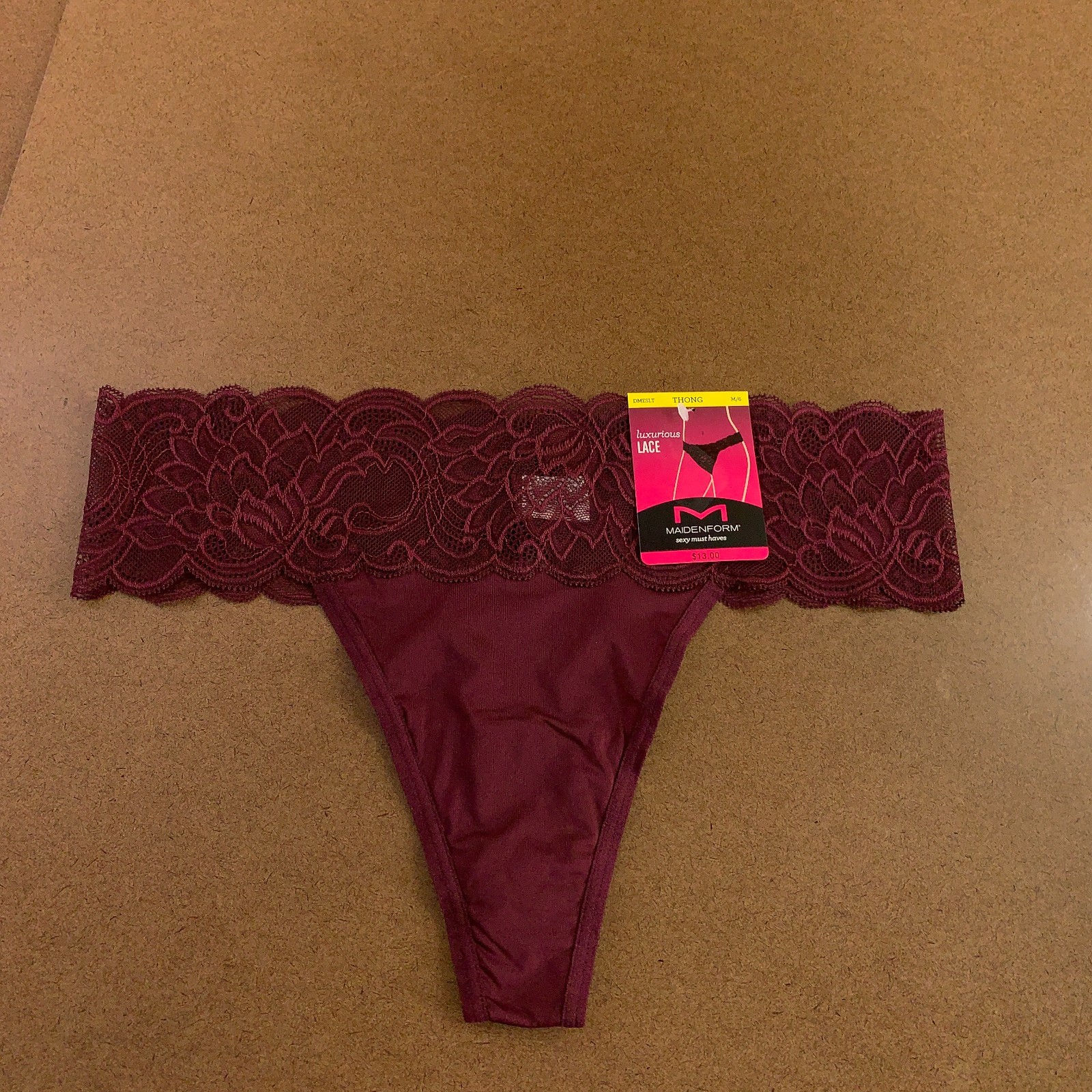 Maidenform Womens Size Medium/6 Burgundy Lace Thong Panty NWT