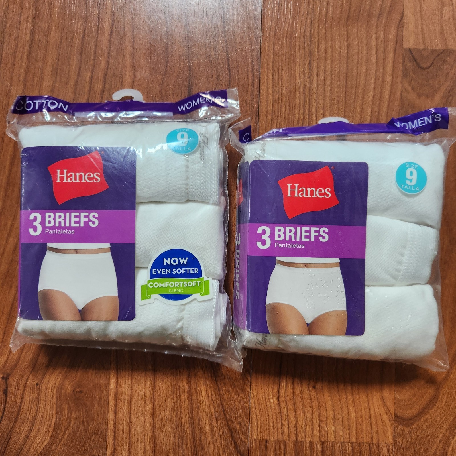 Lot of 2 Hanes Womens Underwear Briefs Panties 100% Cotton 3-Packs, Size 9