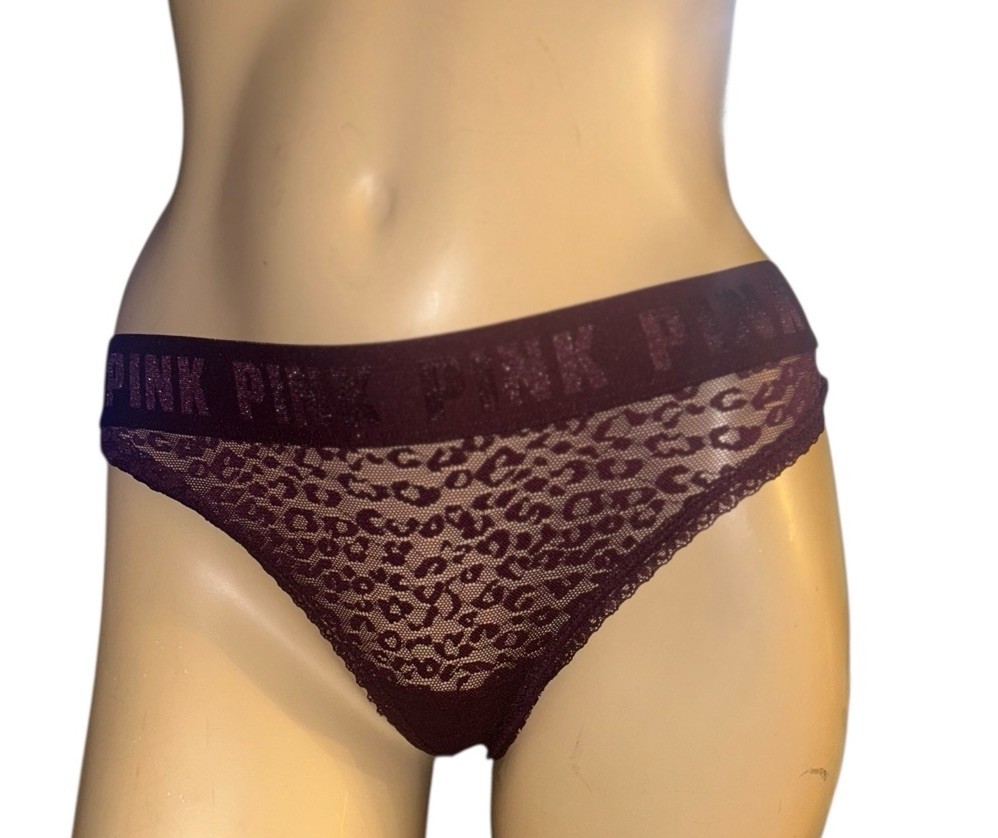 Victoria’s Secret Pink Thong Panty Lace Logo Low Rise Small Burgundy Nwt
