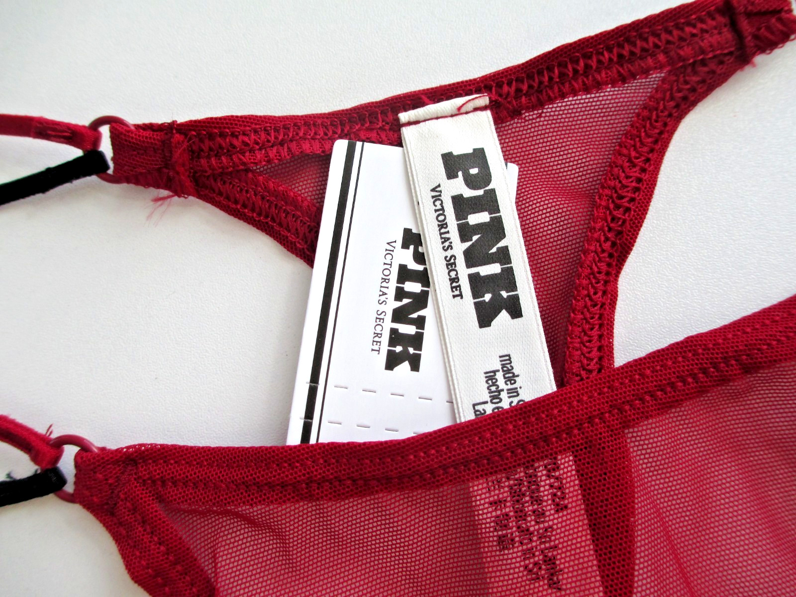 VICTORIA’S SECRET PINK Strappy Micro Thong Panty Red Lacquer Black Mesh S M L XL