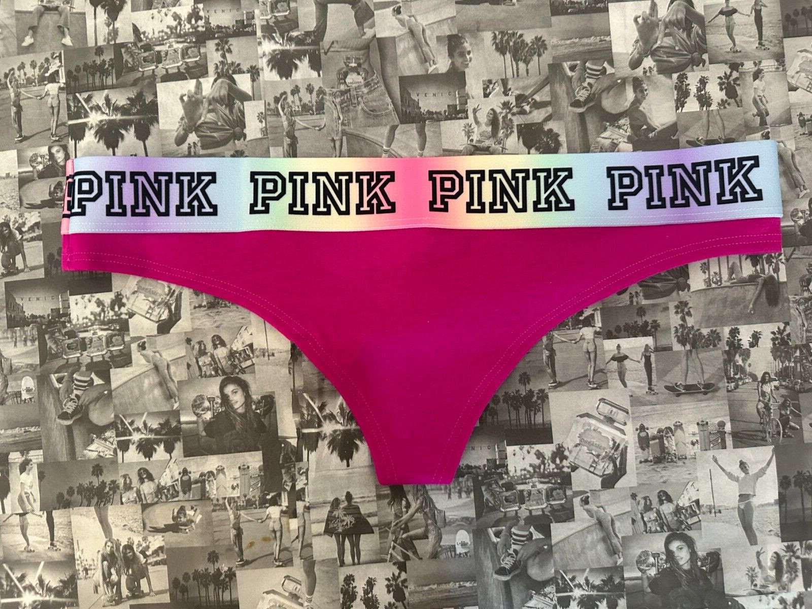 NWT Victoria’s Secret PINK Block Elastic Logo Thong Panty Future Pink Small S