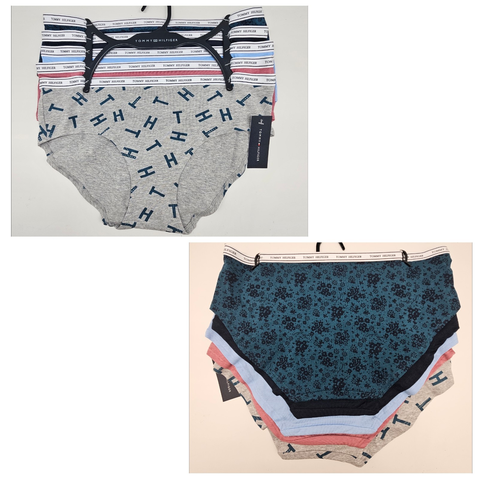 TOMMY HILFIGER 5Pk Women M L XL Logo Cotton Hipster Panties Teal Navy Blue Mauve