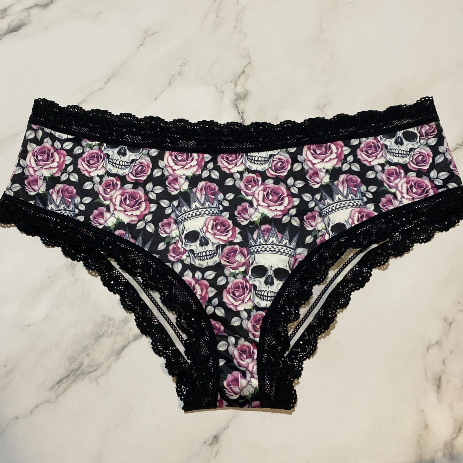 GOTH Lace Trim Emo Punk Boyshort Panties SKULL & Roses XL Polyester NWOT