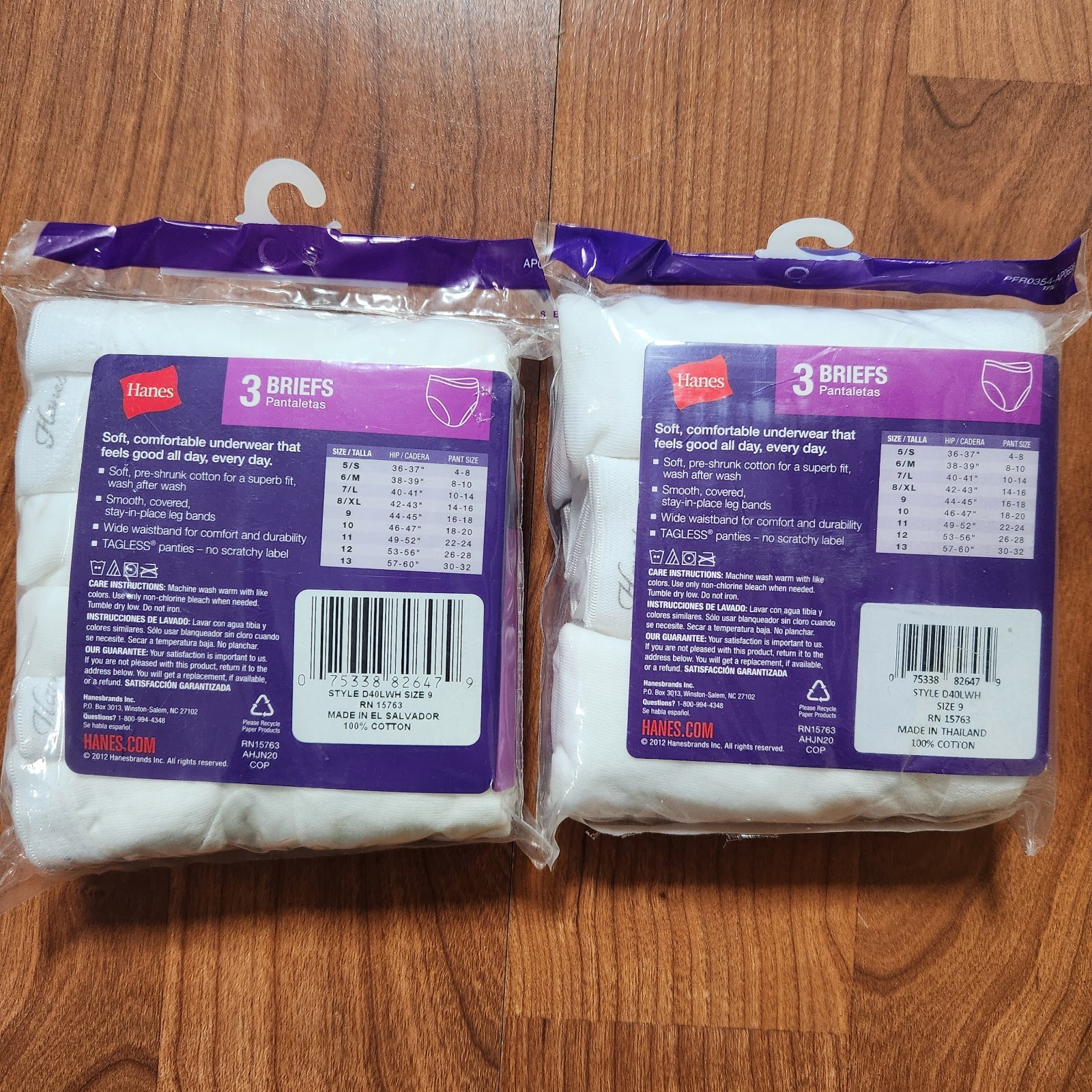 Lot of 2 Hanes Womens Underwear Briefs Panties 100% Cotton 3-Packs, Size 9
