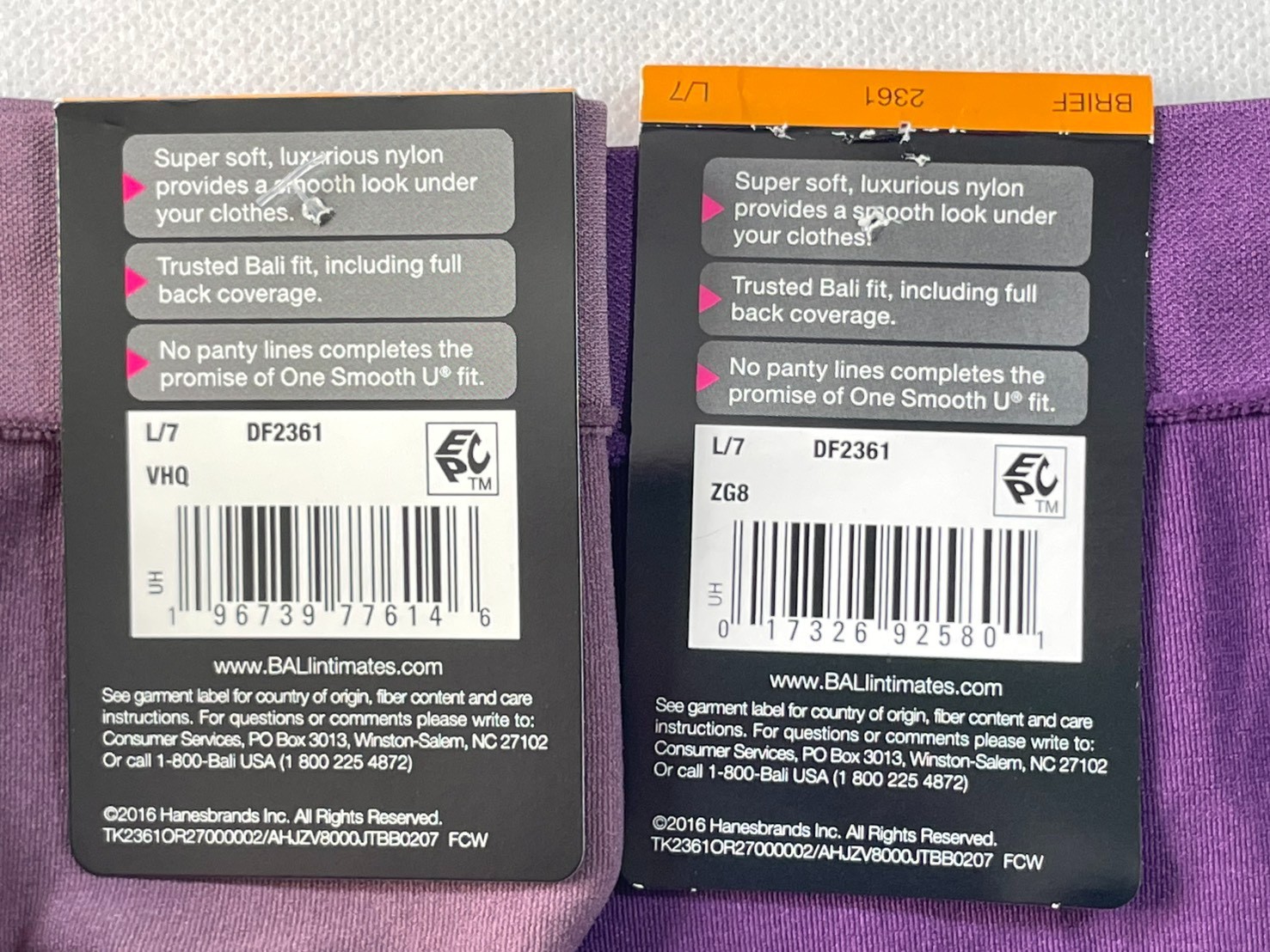 NWT 2-Pack Bali Women’s L/7 One Smooth U All Over Smoothing Brief 2361 Purple