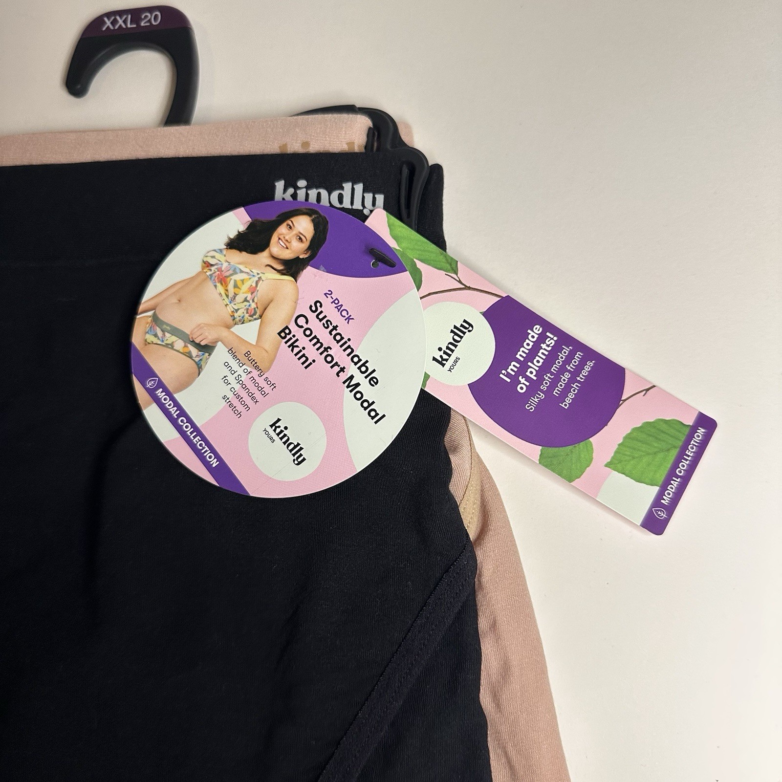 Kindly Yours Womens XXL Sustainable Comfort Modal Bikini Panties Blk/Bge 2PK NEW