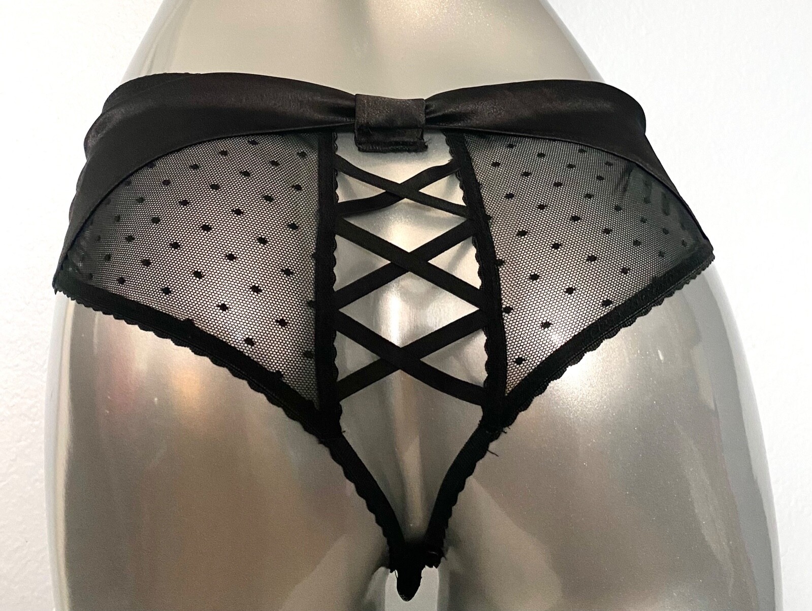 Victoria’s Secret Cheeky Panty Very Sexy Black Dot Mesh Lace Up Open Back S
