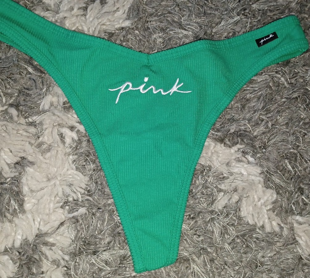 VS pink cotton ribbed thong Panty NEW SIZE medium green embroidered logo
