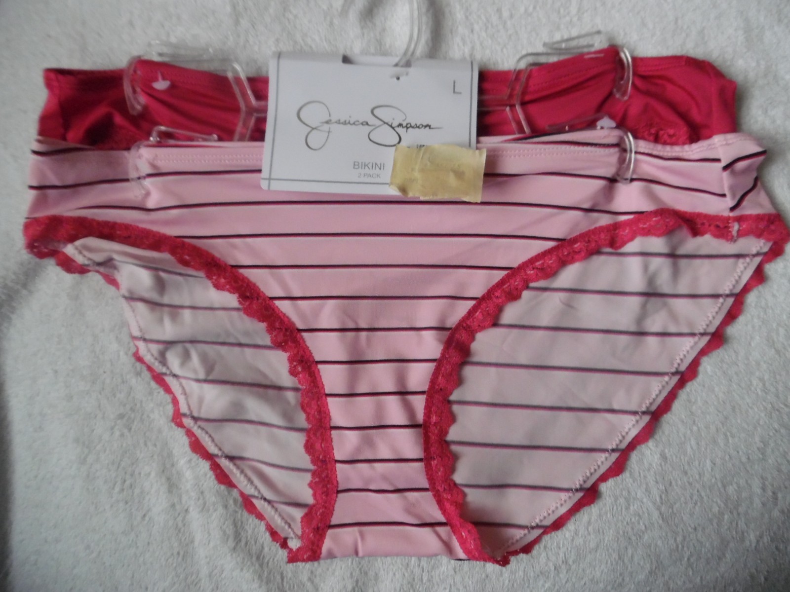 TWO NYLON SPANDEX JESSICA SIMPSON BIKINIS PANTIES PINK, L. PINK STRIPE SMALL S