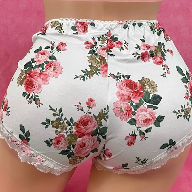 Vintage 90’s y2k Brief Panties Satin Shiny White Rose Floral Sissy Knickers XL