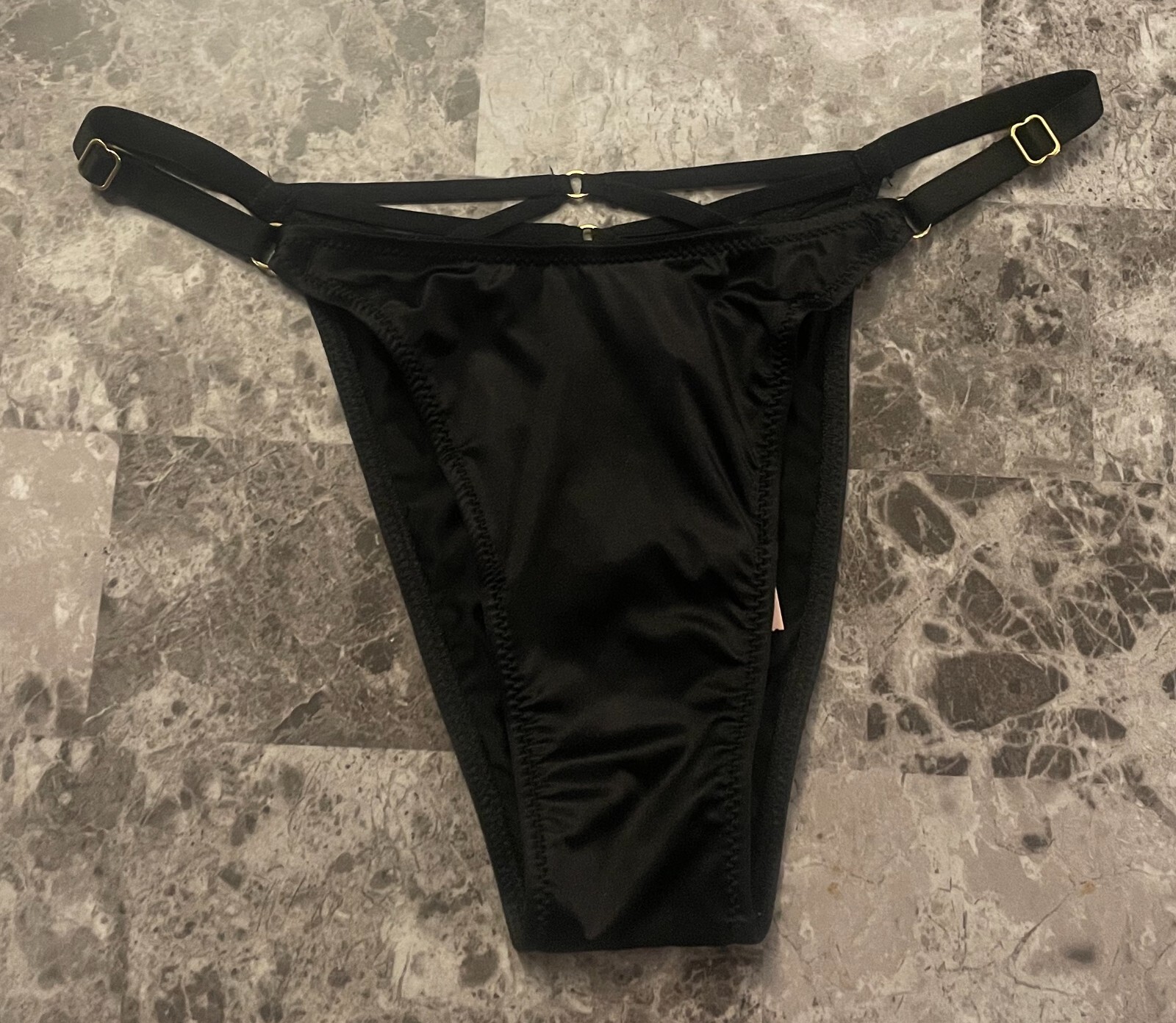 NWT VICTORIA’S SECRET BLACK SATIN SMOOTH STRAPPY BACK BRAZILIAN CHEEKY PANTIES